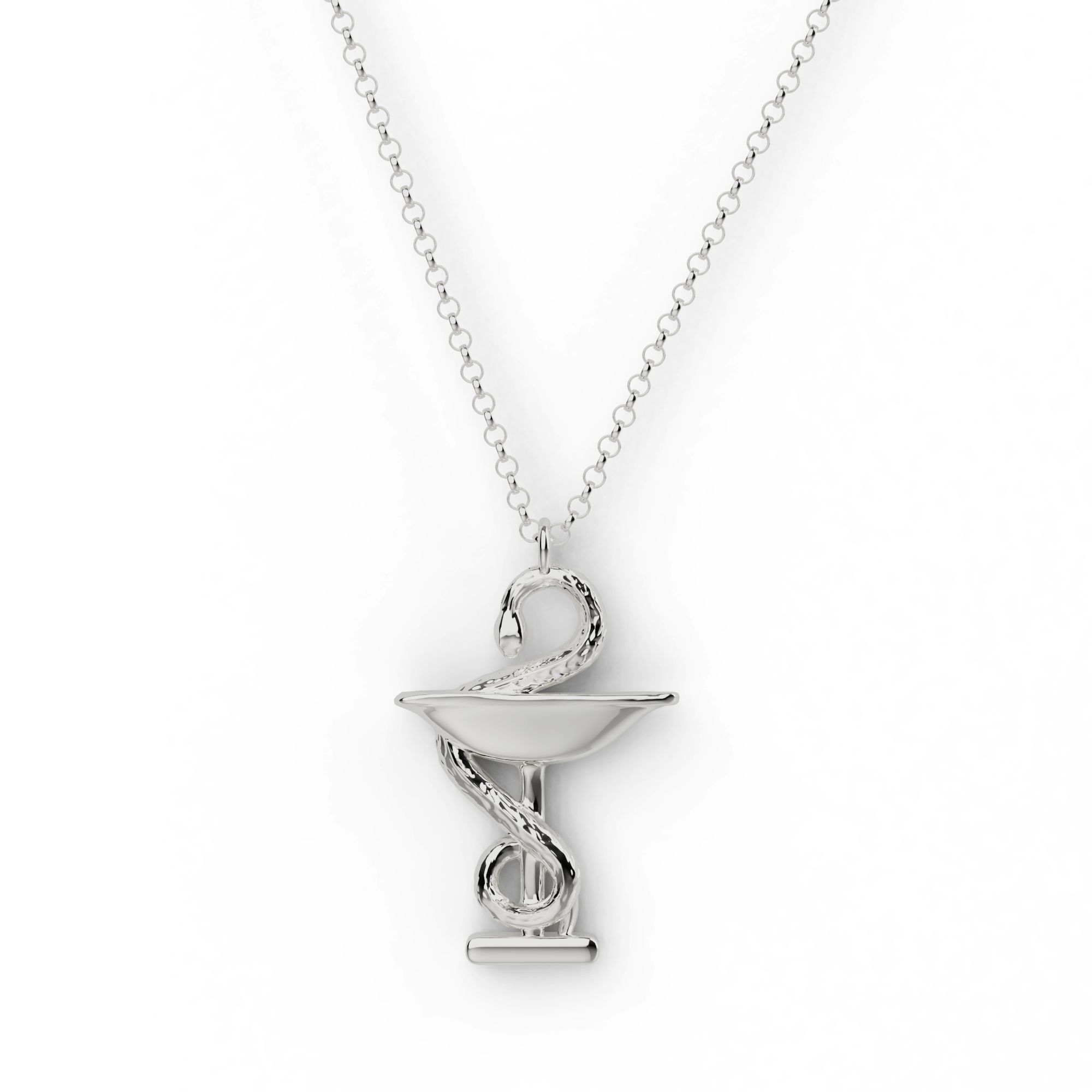 Sterling silver Bowl of Hygieia necklace featuring the classic serpent and bowl pharmacy symbol, perfect for science lovers and medical professionals. Sterling silver Bowl of Hygieia necklace featuring the classic serpent and bowl pharmacy symbol, perfect for science lovers and medical professionals.