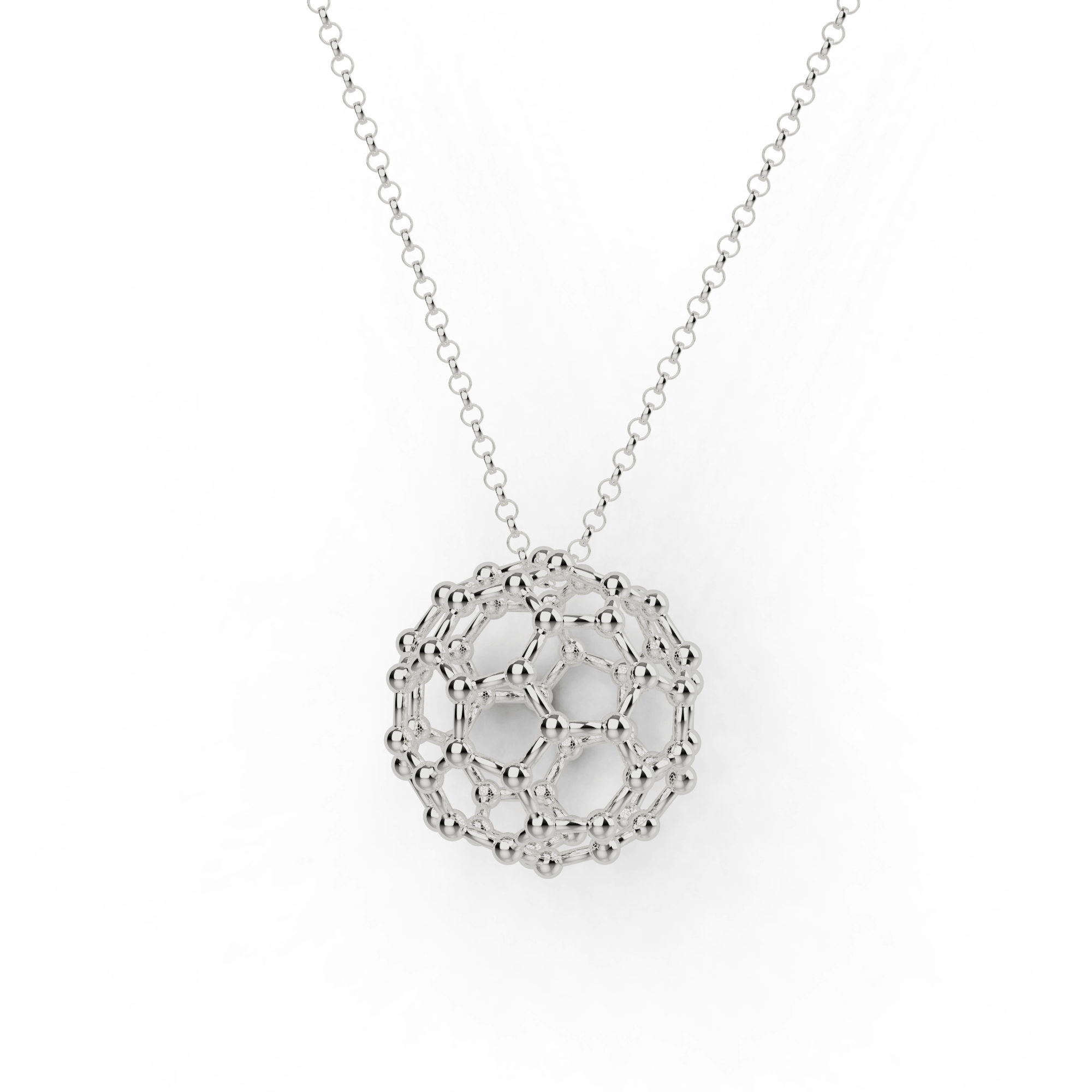 Silver buckyball necklace showing intricate molecular design inspired by the buckminsterfullerene structure. Silver buckyball necklace showing intricate molecular design inspired by the buckminsterfullerene structure.
