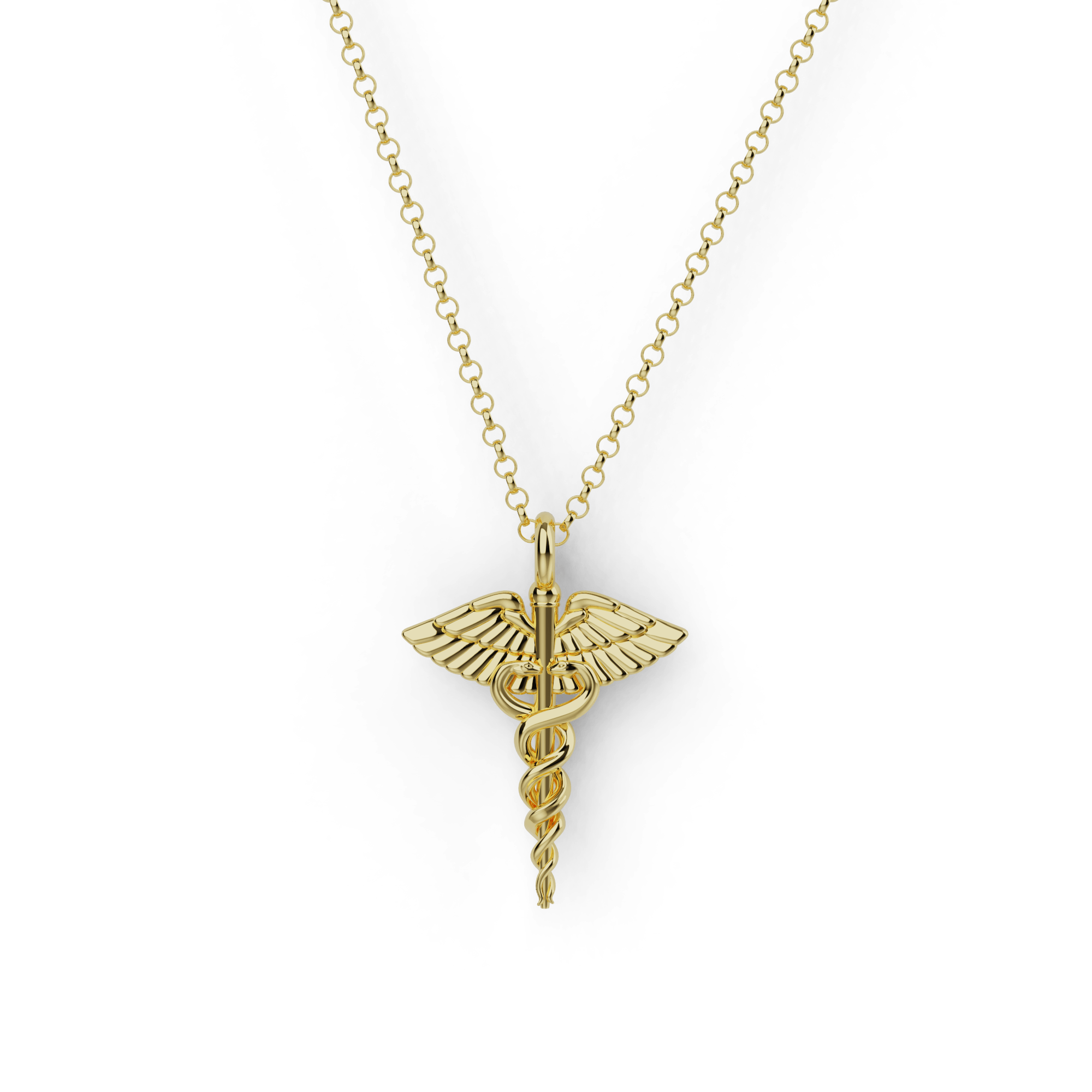 Gold vermeil caduceus necklace featuring two intertwined snakes and a winged staff, symbolizing commerce and wisdom. Gold vermeil caduceus necklace featuring two intertwined snakes and a winged staff, symbolizing commerce and wisdom.