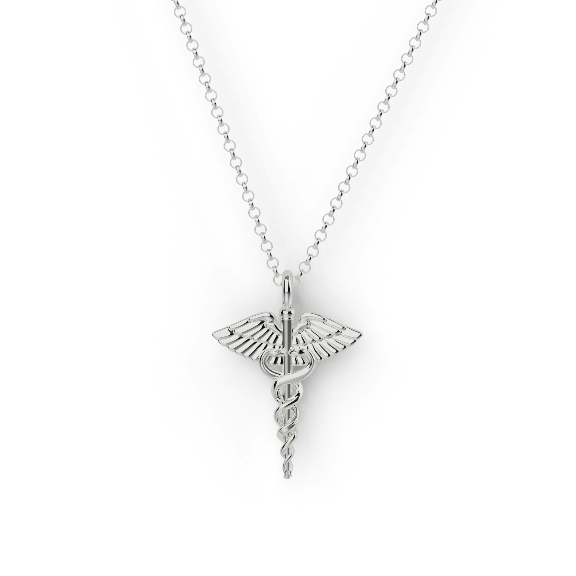 Close-up of a sterling silver caduceus necklace featuring two intertwined snakes and a winged staff, perfect for science lovers. Close-up of a sterling silver caduceus necklace featuring two intertwined snakes and a winged staff, perfect for science lovers.