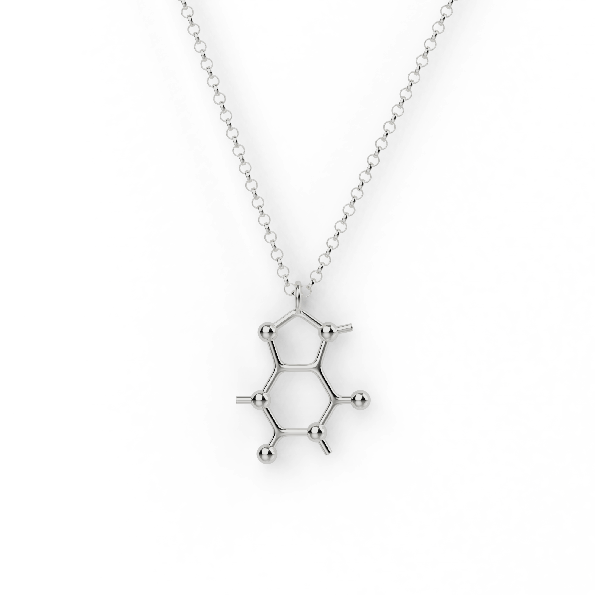 Close-up of a silver caffeine molecule necklace, showcasing its unique molecular design and sleek finish, perfect for science and coffee enthusiasts. Close-up of a silver caffeine molecule necklace, showcasing its unique molecular design and sleek finish, perfect for science and coffee enthusiasts.