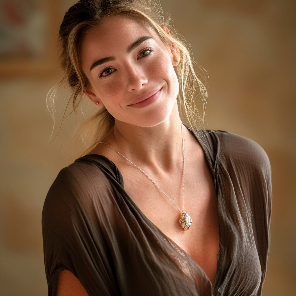 Smiling woman with blonde hair wearing a brown blouse and the silver cat skull necklace. Smiling woman with blonde hair wearing a brown blouse and the silver cat skull necklace.