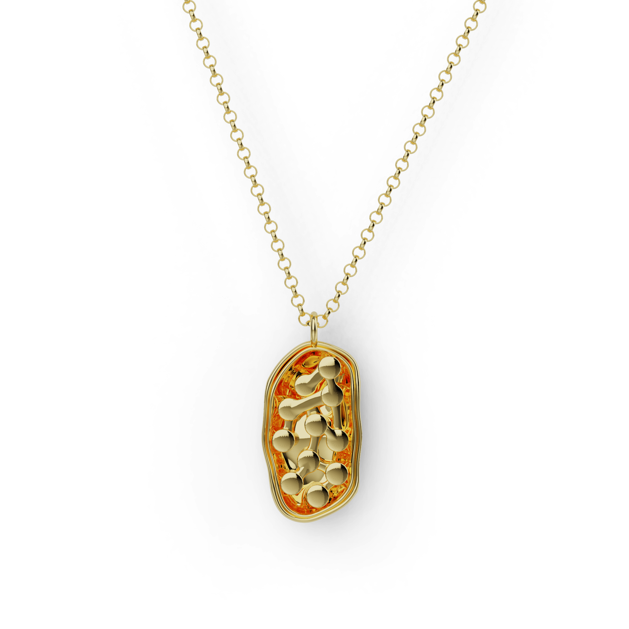 Gold vermeil chloroplast necklace featuring intricate 3D design, inspired by plant photosynthesis. Gold vermeil chloroplast necklace featuring intricate 3D design, inspired by plant photosynthesis.