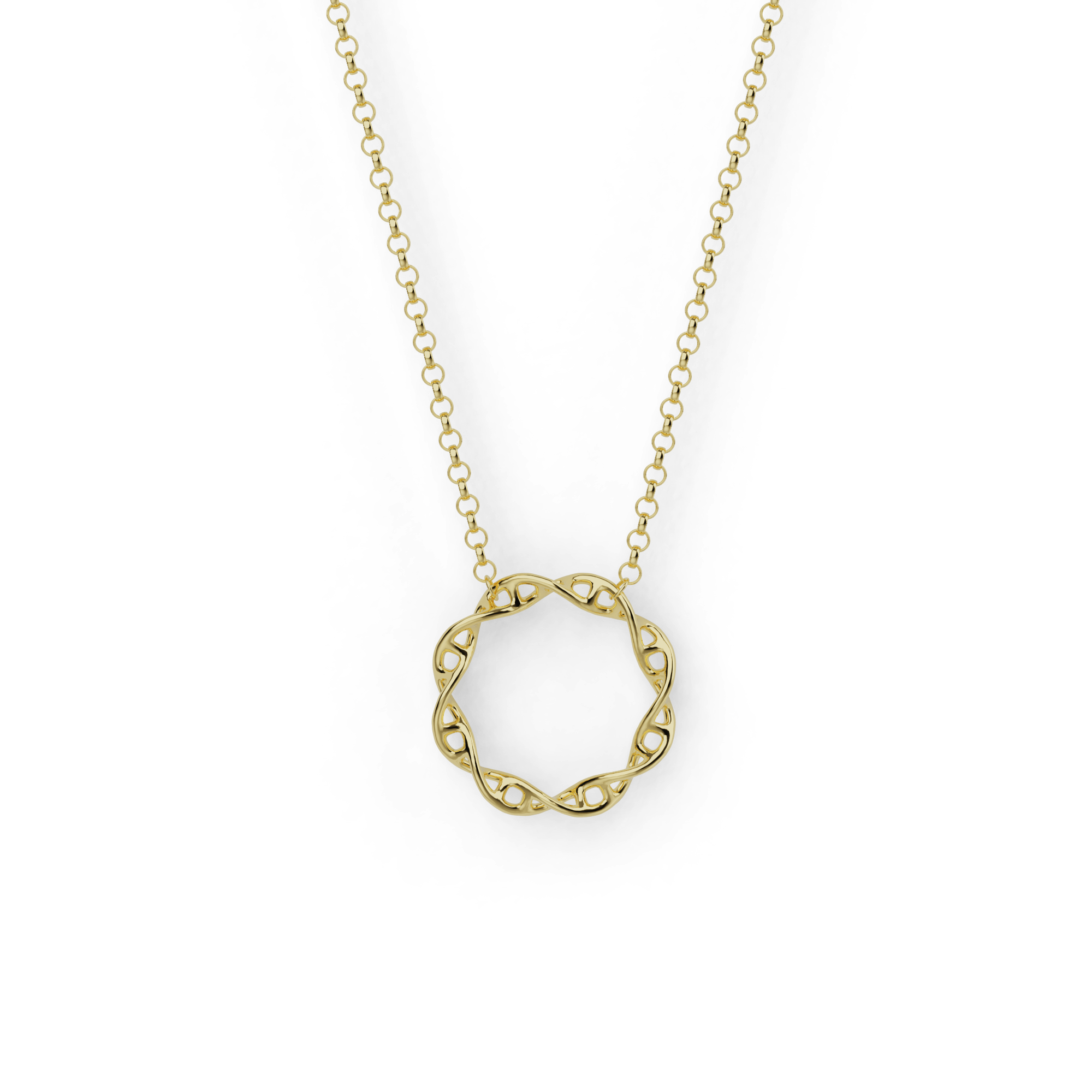 Close-up of a circular DNA necklace in gold vermeil, inspired by plasmid DNA, showcasing intricate design. Close-up of a circular DNA necklace in gold vermeil, inspired by plasmid DNA, showcasing intricate design.
