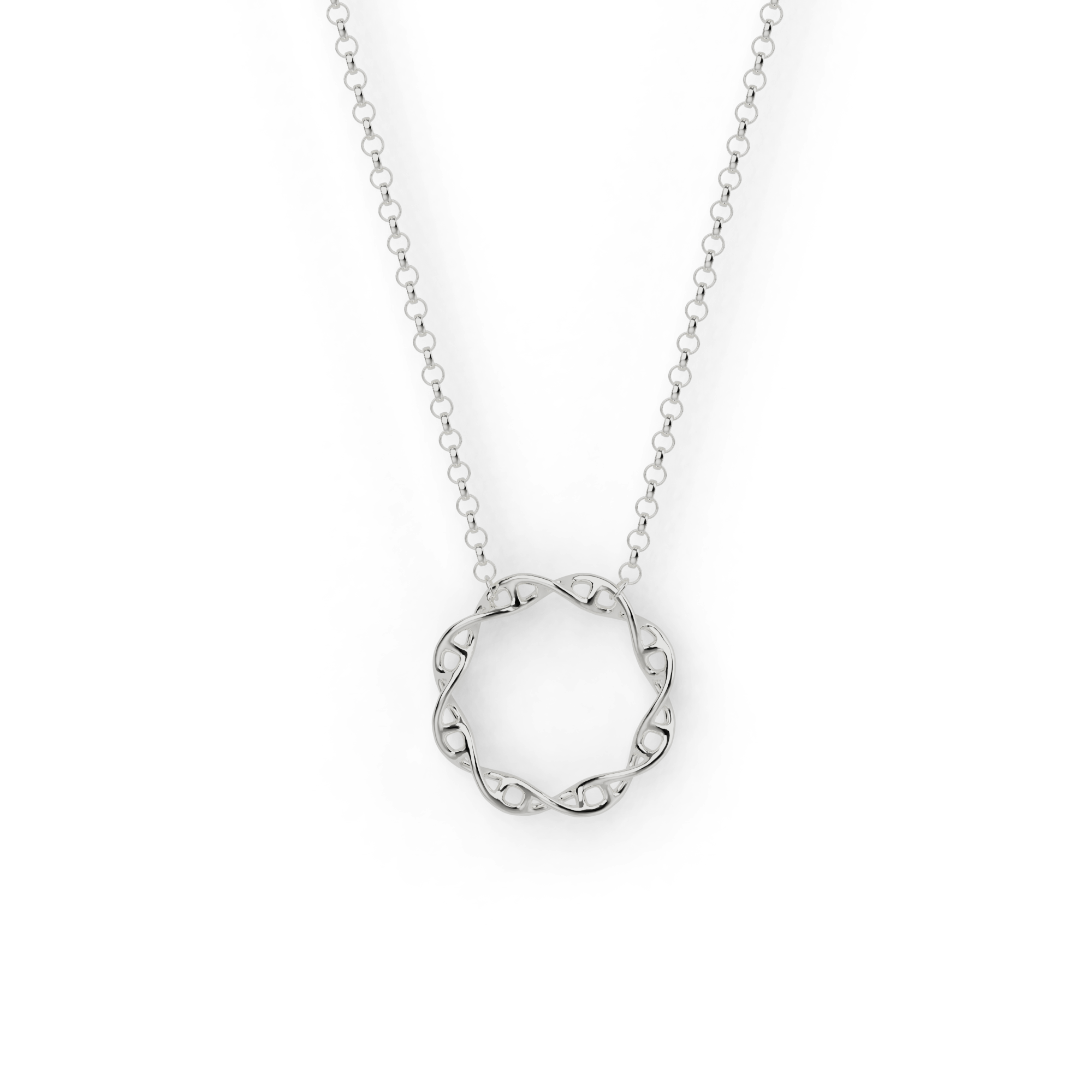 Circular DNA Necklace in sterling silver, science-inspired design. Circular DNA Necklace in sterling silver, science-inspired design.
