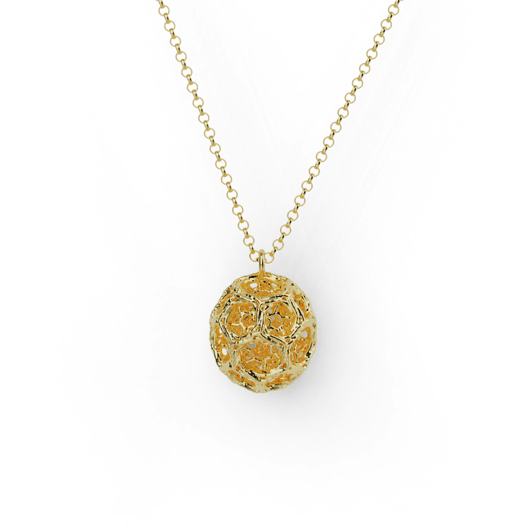 Gold vermeil clathrin coated vesicle necklace showcasing intricate scientific details in a luxurious design. Gold vermeil clathrin coated vesicle necklace showcasing intricate scientific details in a luxurious design.