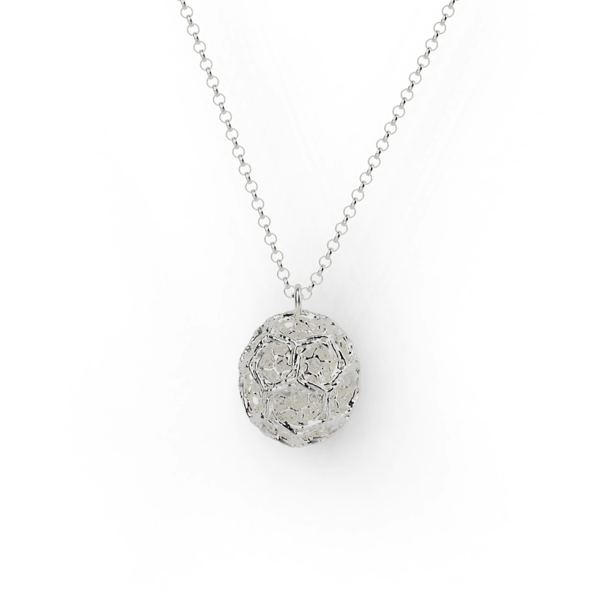 Sterling silver clathrin coated vesicle necklace inspired by endocytosis, showcasing intricate molecular details. Sterling silver clathrin coated vesicle necklace inspired by endocytosis, showcasing intricate molecular details.