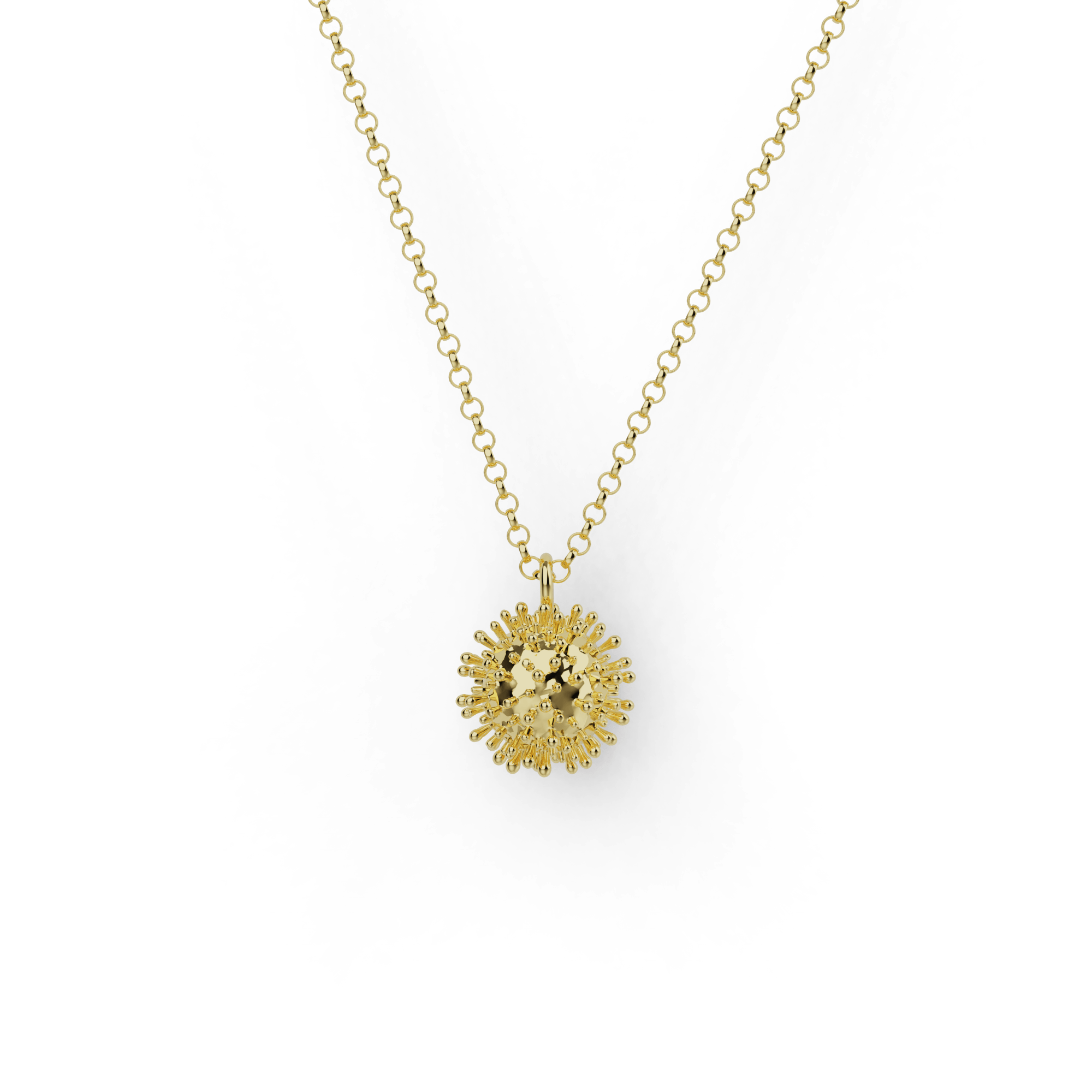 Gold vermeil coronavirus necklace featuring intricate viral spike details, unique science-inspired jewelry. Gold vermeil coronavirus necklace featuring intricate viral spike details, unique science-inspired jewelry.