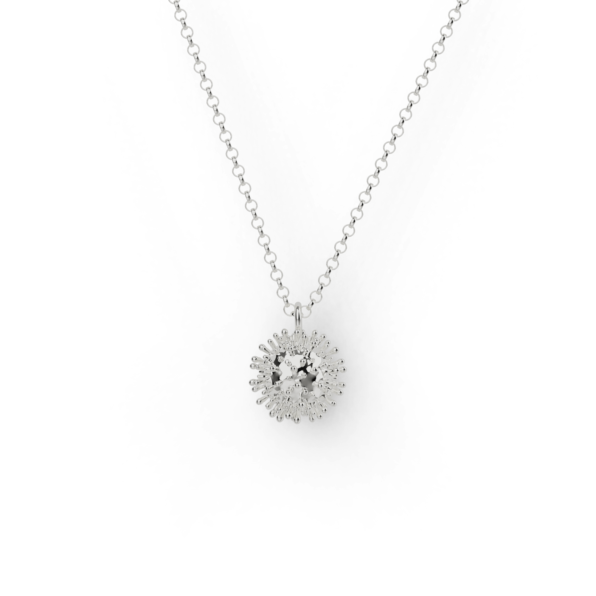 Sterling silver coronavirus necklace featuring intricate viral spike details, science-inspired jewelry. Sterling silver coronavirus necklace featuring intricate viral spike details, science-inspired jewelry.