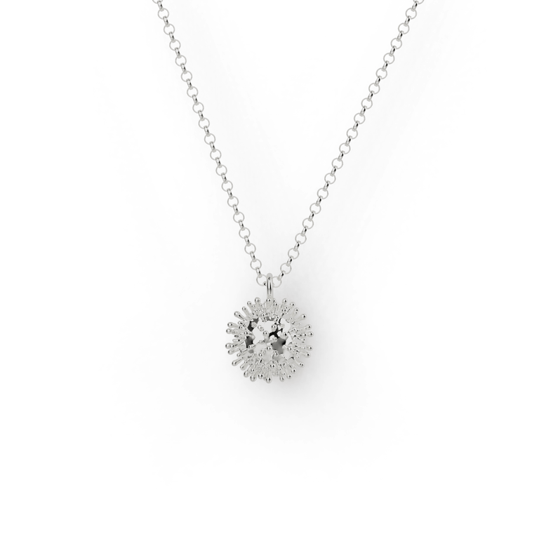 Sterling silver coronavirus necklace featuring intricate viral spike details, science-inspired jewelry. Sterling silver coronavirus necklace featuring intricate viral spike details, science-inspired jewelry.