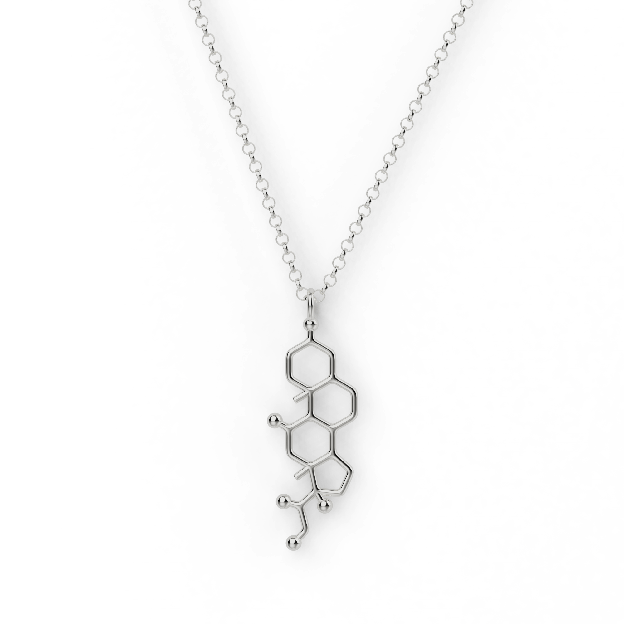 Sterling silver cortisol molecule necklace – science-inspired jewelry for researchers, doctors, and students. Sterling silver cortisol molecule necklace – science-inspired jewelry for researchers, doctors, and students.