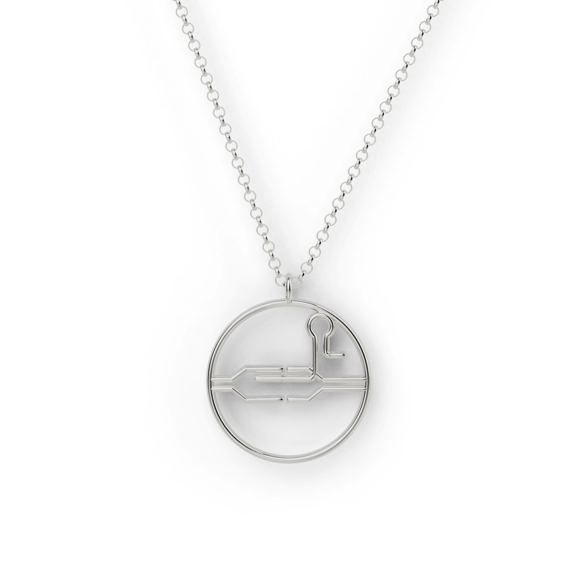 Sterling silver CRISPR necklace showcasing a minimalist design inspired by genetic science. Sterling silver CRISPR necklace showcasing a minimalist design inspired by genetic science.