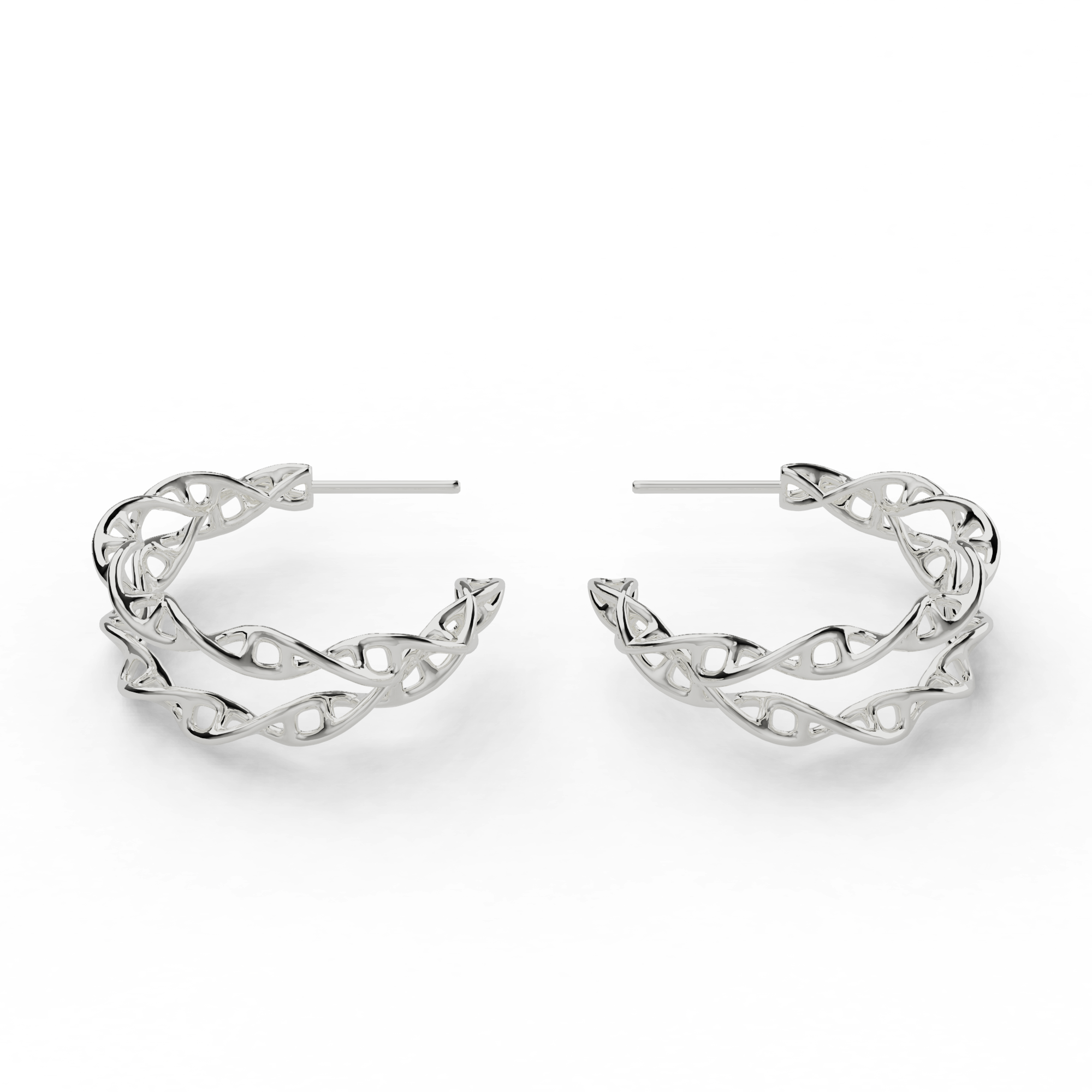Double DNA hoop earrings in sterling silver with crossed helix design, front view Double DNA hoop earrings in sterling silver with crossed helix design, front view