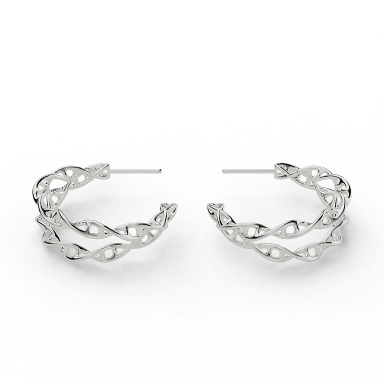 Double DNA hoop earrings in sterling silver with crossed helix design, front view Double DNA hoop earrings in sterling silver with crossed helix design, front view