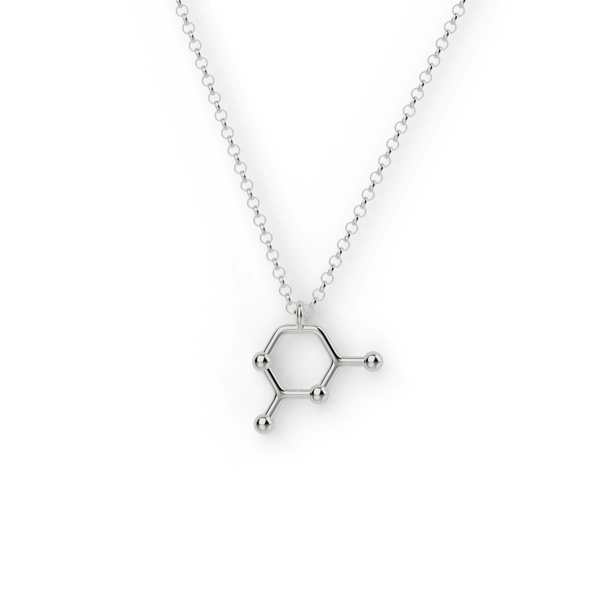 Elegant silver cytosine necklace featuring the molecular structure of cytosine, a key DNA base. Elegant silver cytosine necklace featuring the molecular structure of cytosine, a key DNA base.
