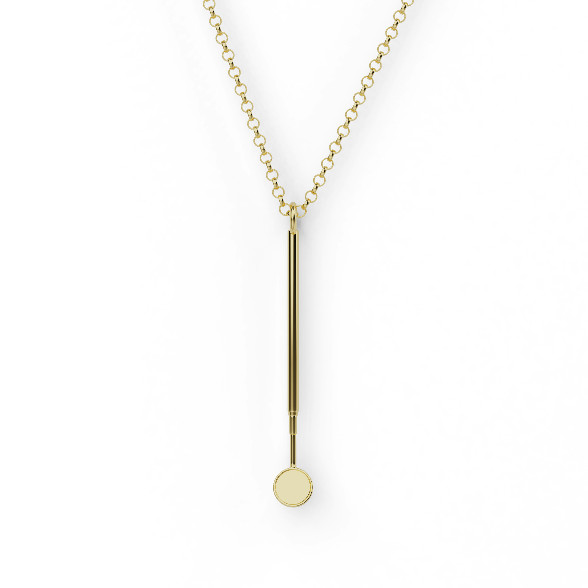 Gold vermeil dental mirror necklace on a white background, featuring a sleek, minimalist design inspired by dentistry. Gold vermeil dental mirror necklace on a white background, featuring a sleek, minimalist design inspired by dentistry.