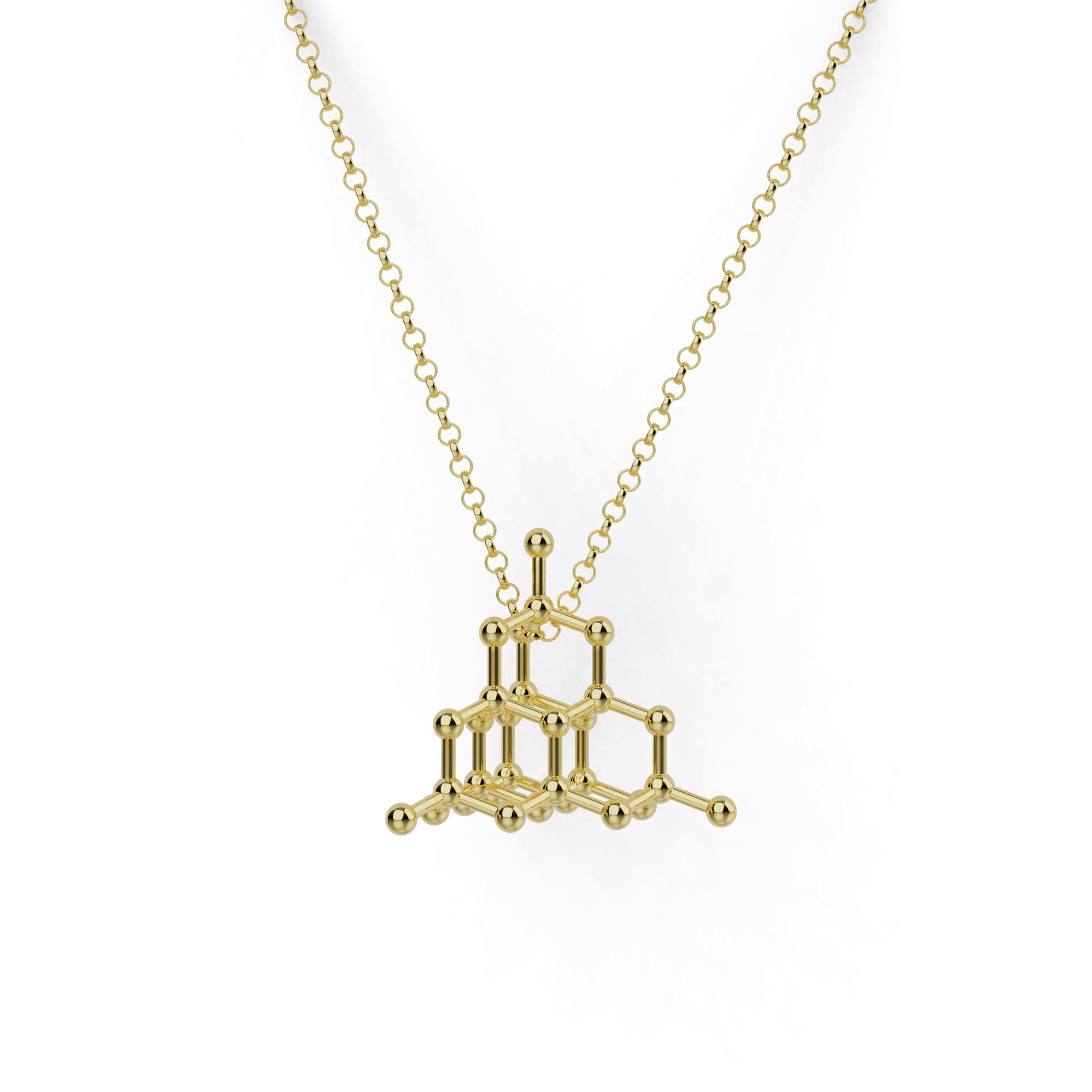 Gold vermeil Diamond Crystal Structure Necklace displayed on a white background, showcasing its intricate 3D-printed design inspired by diamond atoms. Gold vermeil Diamond Crystal Structure Necklace displayed on a white background, showcasing its intricate 3D-printed design inspired by diamond atoms.