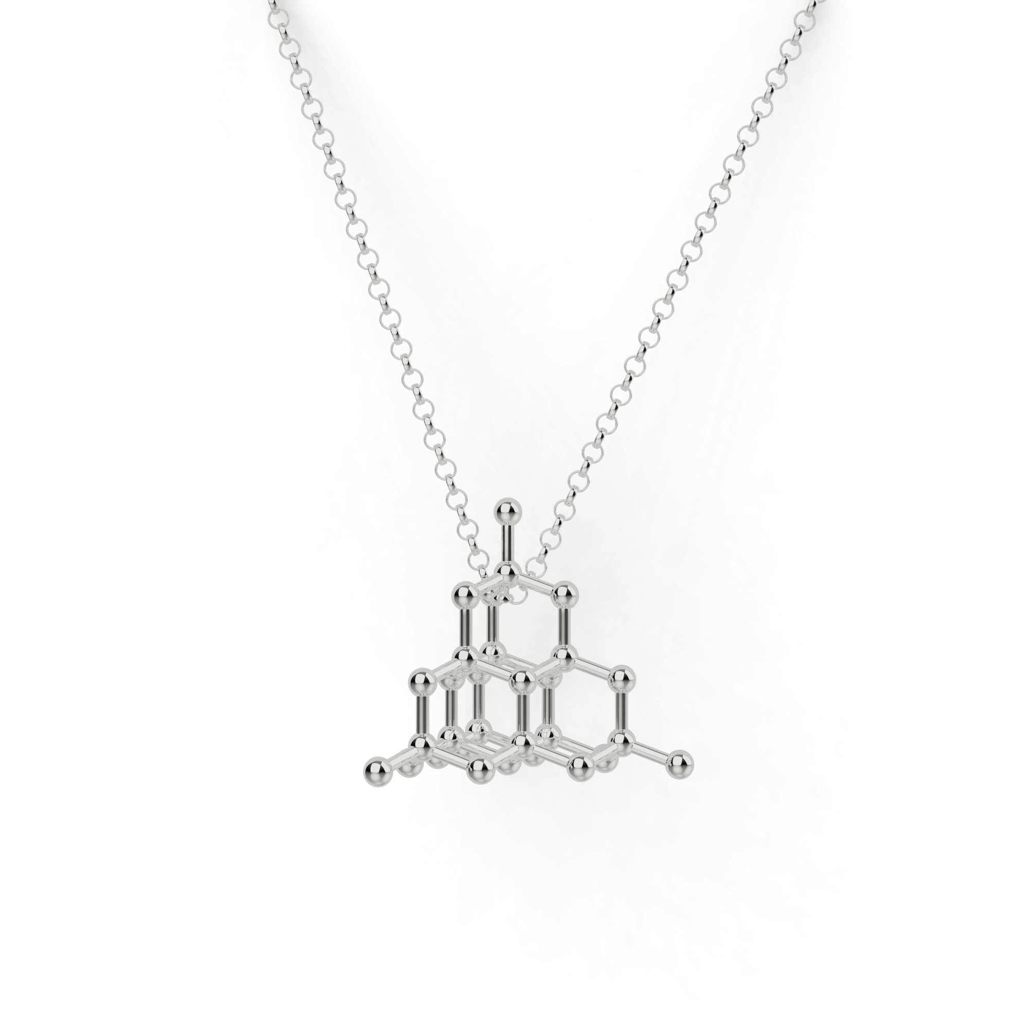 Diamond Crystal Structure Necklace in silver displayed on a white background, featuring a 3D-printed pendant of the diamond’s atomic lattice structure. Diamond Crystal Structure Necklace in silver displayed on a white background, featuring a 3D-printed pendant of the diamond’s atomic lattice structure.