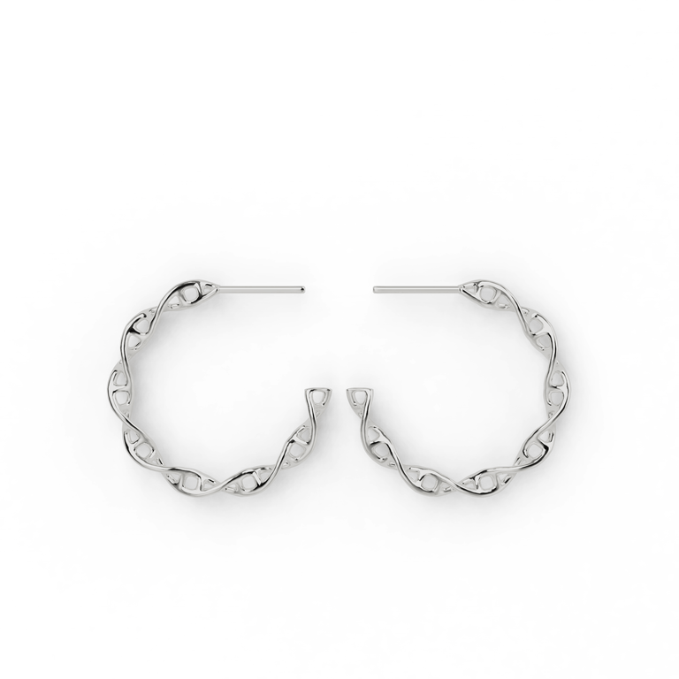 Close-up of DNA Earring Hoops in Silver, featuring a DNA double helix design, perfect for science enthusiasts. Close-up of DNA Earring Hoops in Silver, featuring a DNA double helix design, perfect for science enthusiasts.