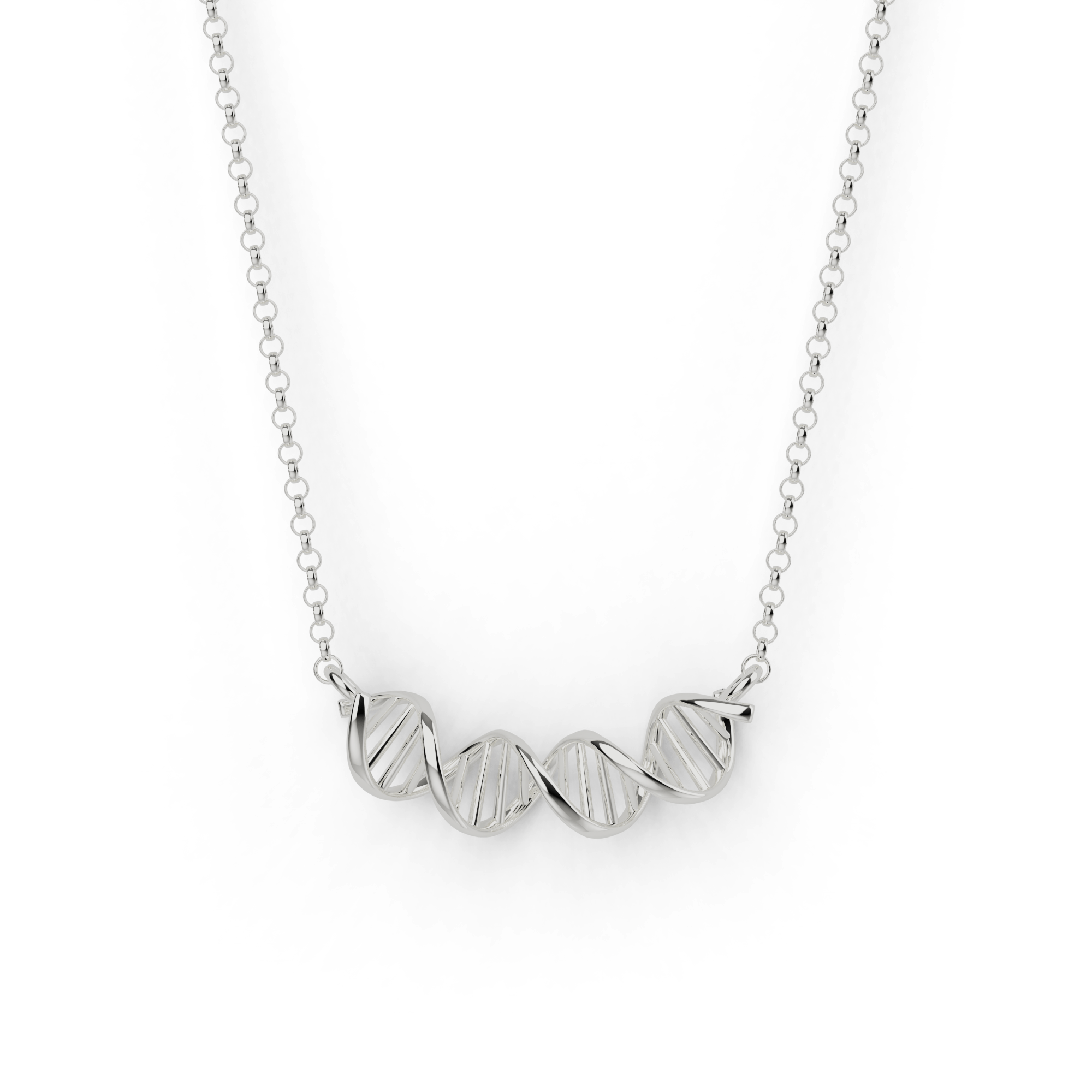 Elegant silver DNA necklace displayed on a white background, showcasing the double helix design in a horizontal arrangement. Elegant silver DNA necklace displayed on a white background, showcasing the double helix design in a horizontal arrangement.