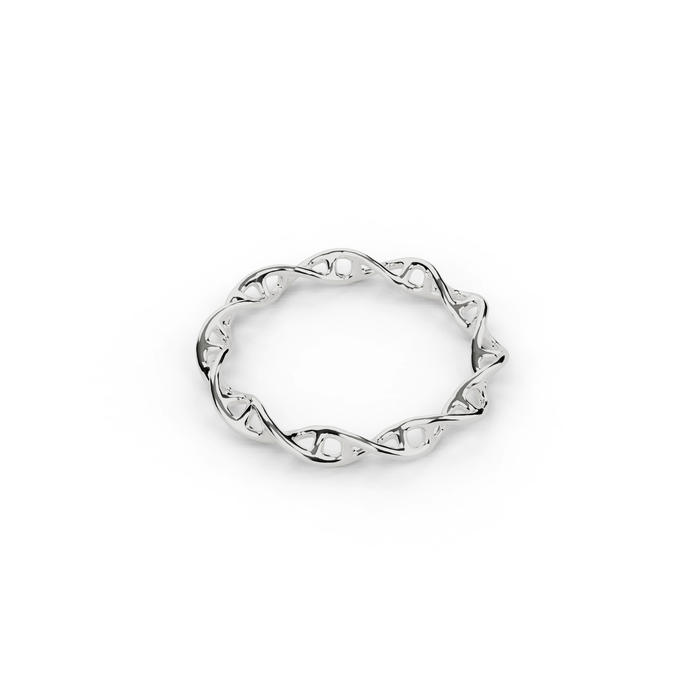 Close-up view of silver DNA ring, inspired by double helix structure, showcasing intricate design. Close-up view of silver DNA ring, inspired by double helix structure, showcasing intricate design.