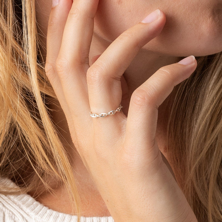 Side angle of the silver DNA ring, emphasizing its minimalist and intricate twist design. Side angle of the silver DNA ring, emphasizing its minimalist and intricate twist design.