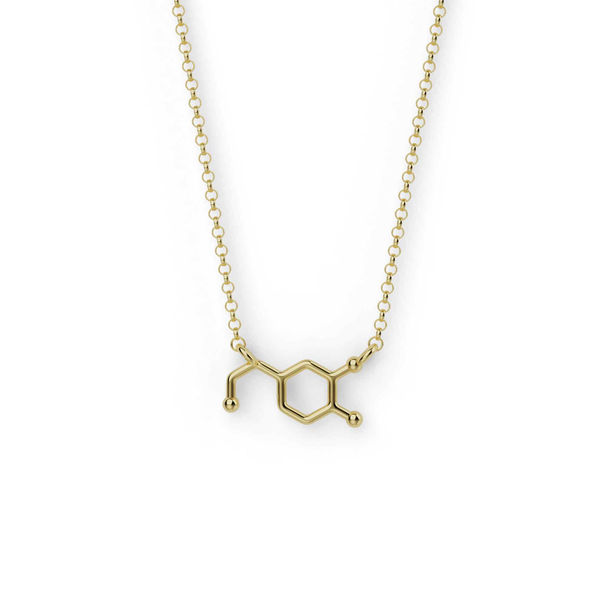 Gold vermeil dopamine necklace featuring an intricate molecular structure, symbolizing the brain’s chemistry of attraction and motivation. Gold vermeil dopamine necklace featuring an intricate molecular structure, symbolizing the brain’s chemistry of attraction and motivation.