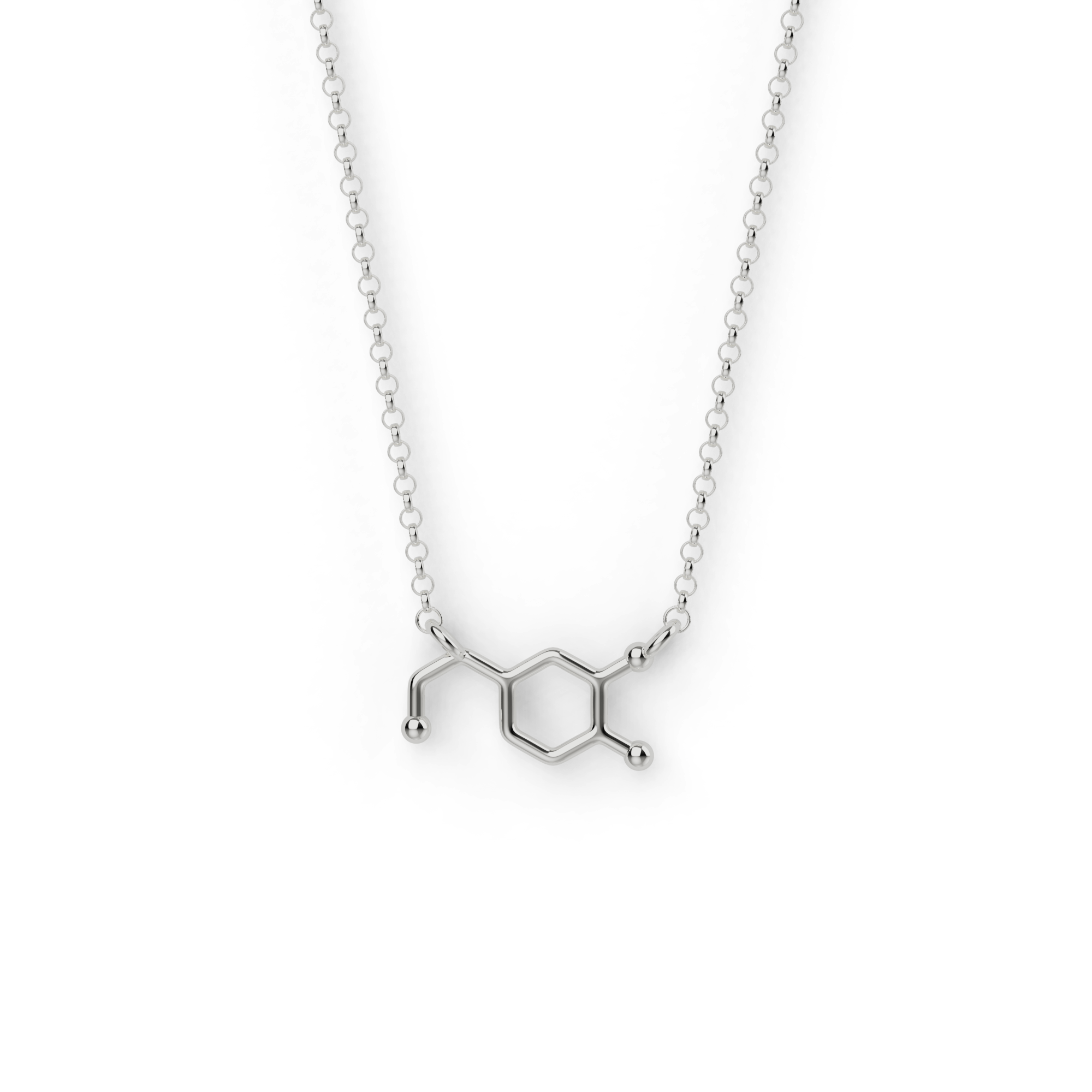 Sterling silver dopamine necklace featuring the molecular structure of dopamine. Sterling silver dopamine necklace featuring the molecular structure of dopamine.