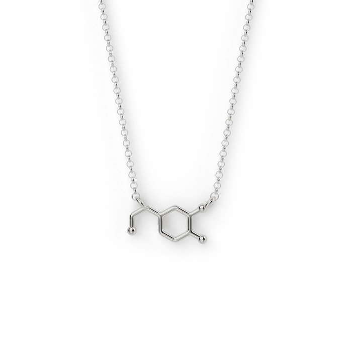 Sterling silver dopamine necklace featuring the molecular structure of dopamine. Sterling silver dopamine necklace featuring the molecular structure of dopamine.