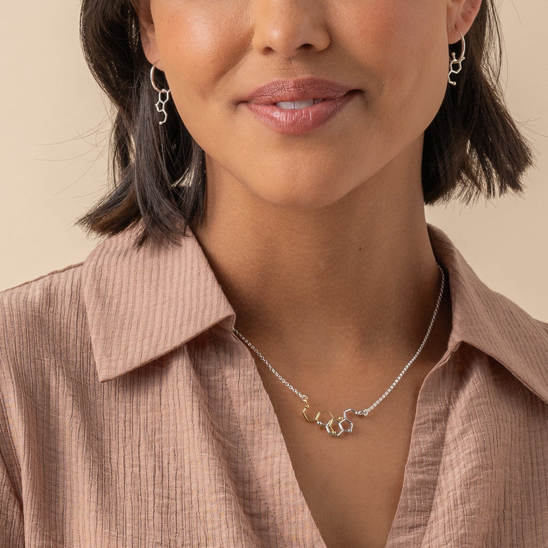 Detailed view of dopamine-serotonin necklace on a model. Detailed view of dopamine-serotonin necklace on a model.