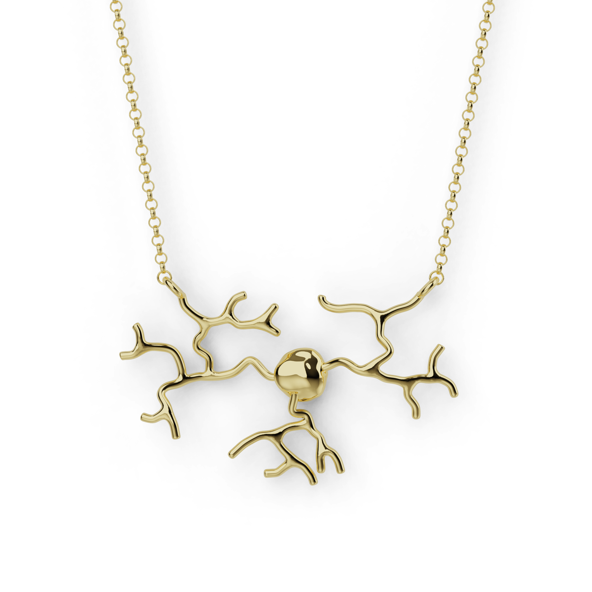 Gold vermeil DRG Neuron Necklace featuring a detailed neuron design inspired by dorsal root ganglion neurons. Gold vermeil DRG Neuron Necklace featuring a detailed neuron design inspired by dorsal root ganglion neurons.