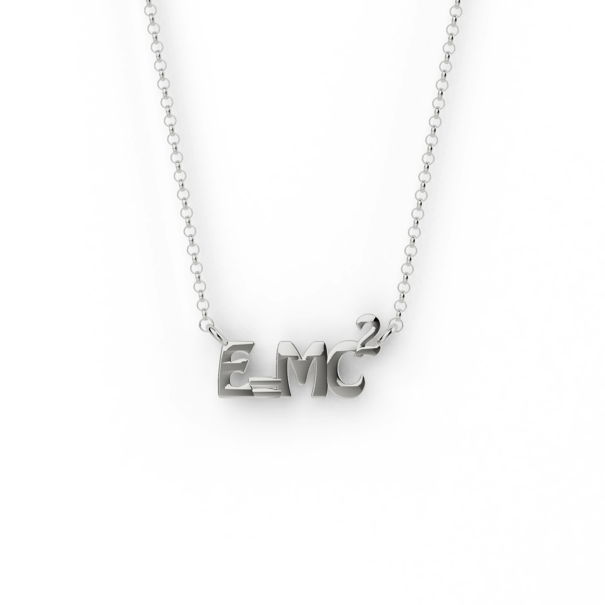Close-up of the E=MC² silver necklace with a modern, sleek design, inspired by Einstein’s equation. Close-up of the E=MC² silver necklace with a modern, sleek design, inspired by Einstein’s equation.