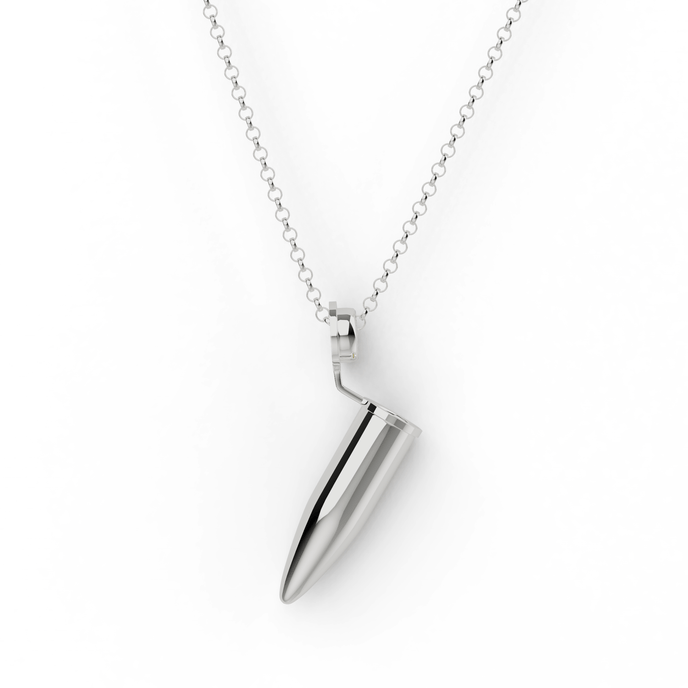 Silver Eppendorf Necklace – Close-up of the pendant resembling a microcentrifuge tube on a chain. Silver Eppendorf Necklace – Close-up of the pendant resembling a microcentrifuge tube on a chain.