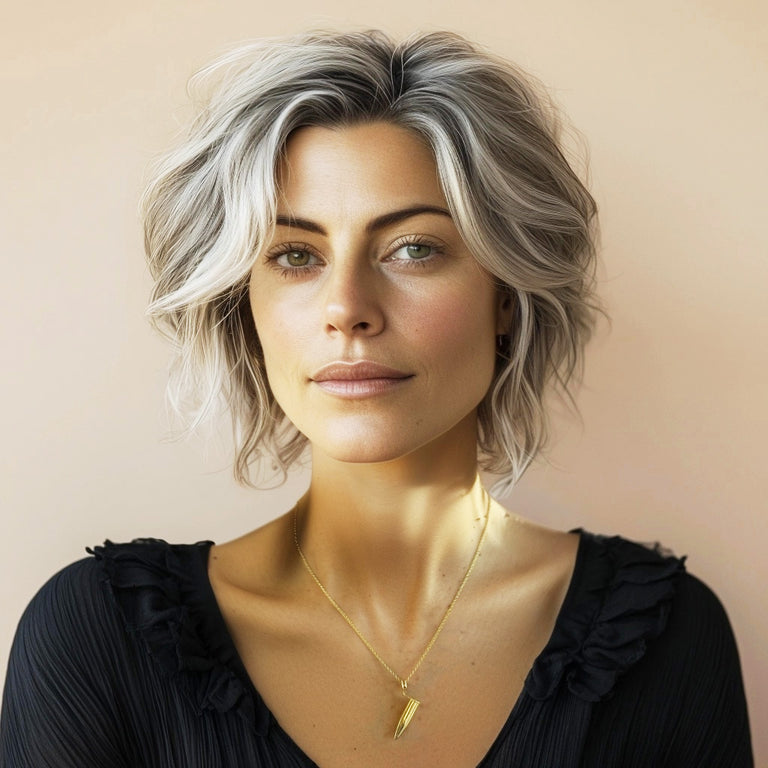 A stylish woman with short, wavy silver hair wears the gold vermeil Eppendorf necklace against a black top. Her poised expression and soft lighting highlight the necklace as a sophisticated and science-inspired jewelry piece. A stylish woman with short, wavy silver hair wears the gold vermeil Eppendorf necklace against a black top. Her poised expression and soft lighting highlight the necklace as a sophisticated and science-inspired jewelry piece.