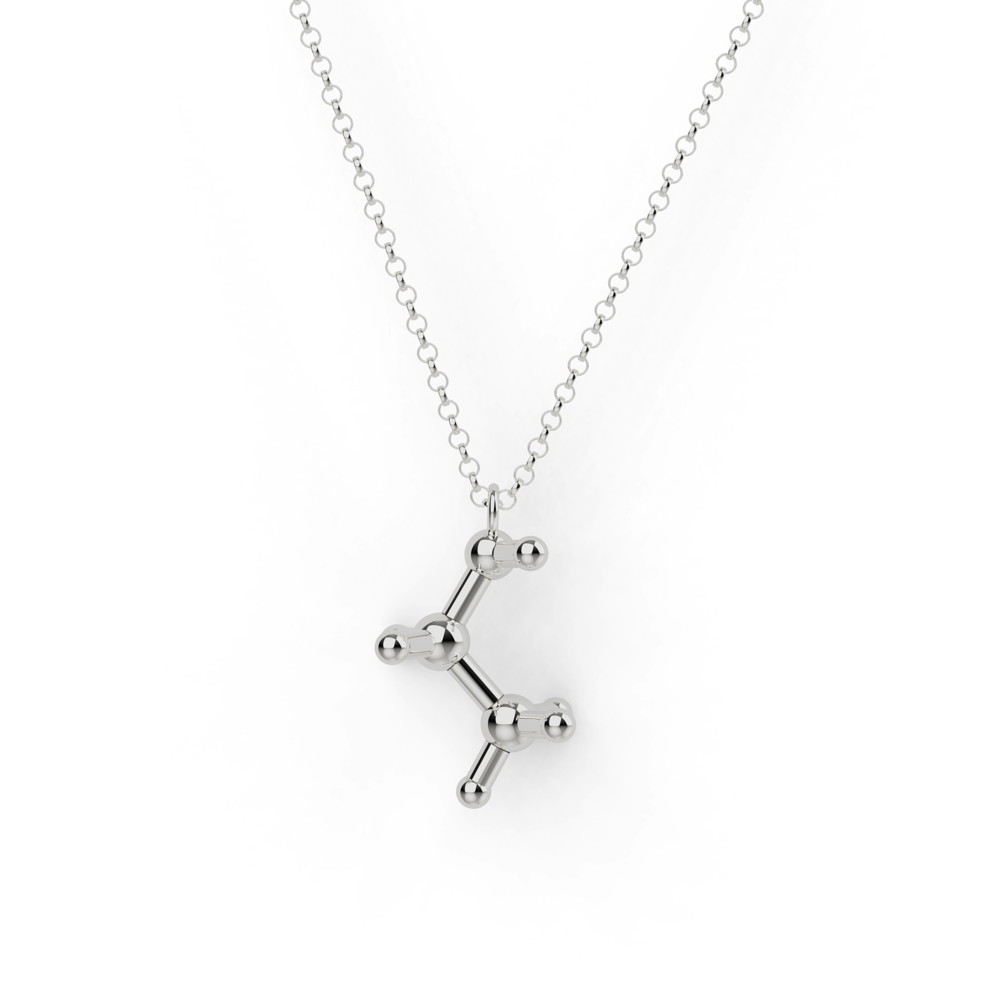 Sterling silver ethanol necklace featuring the molecular structure of ethanol, perfect for scientists, chemists, and beer lovers. Sterling silver ethanol necklace featuring the molecular structure of ethanol, perfect for scientists, chemists, and beer lovers.