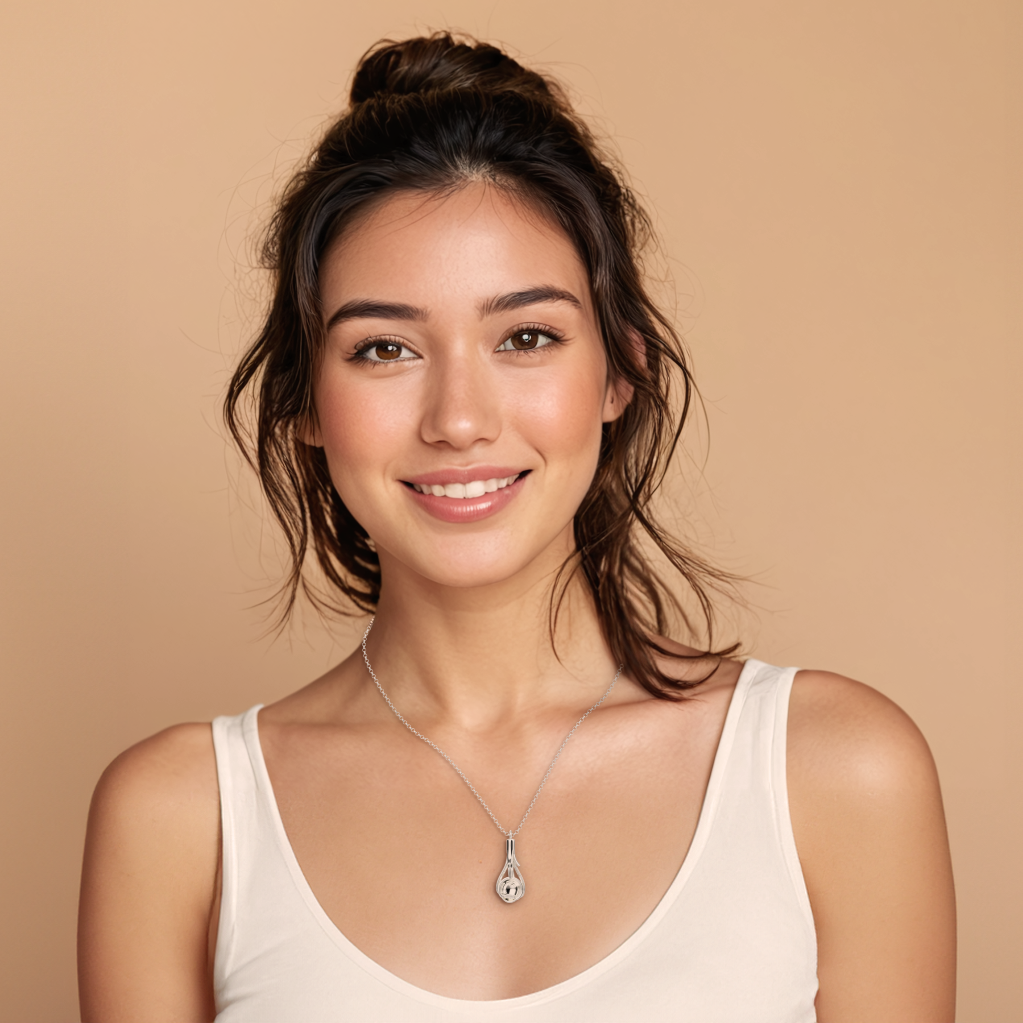 Close-up of a silver eye anatomy pendant on a model, highlighting its unique scientific design. Close-up of a silver eye anatomy pendant on a model, highlighting its unique scientific design.