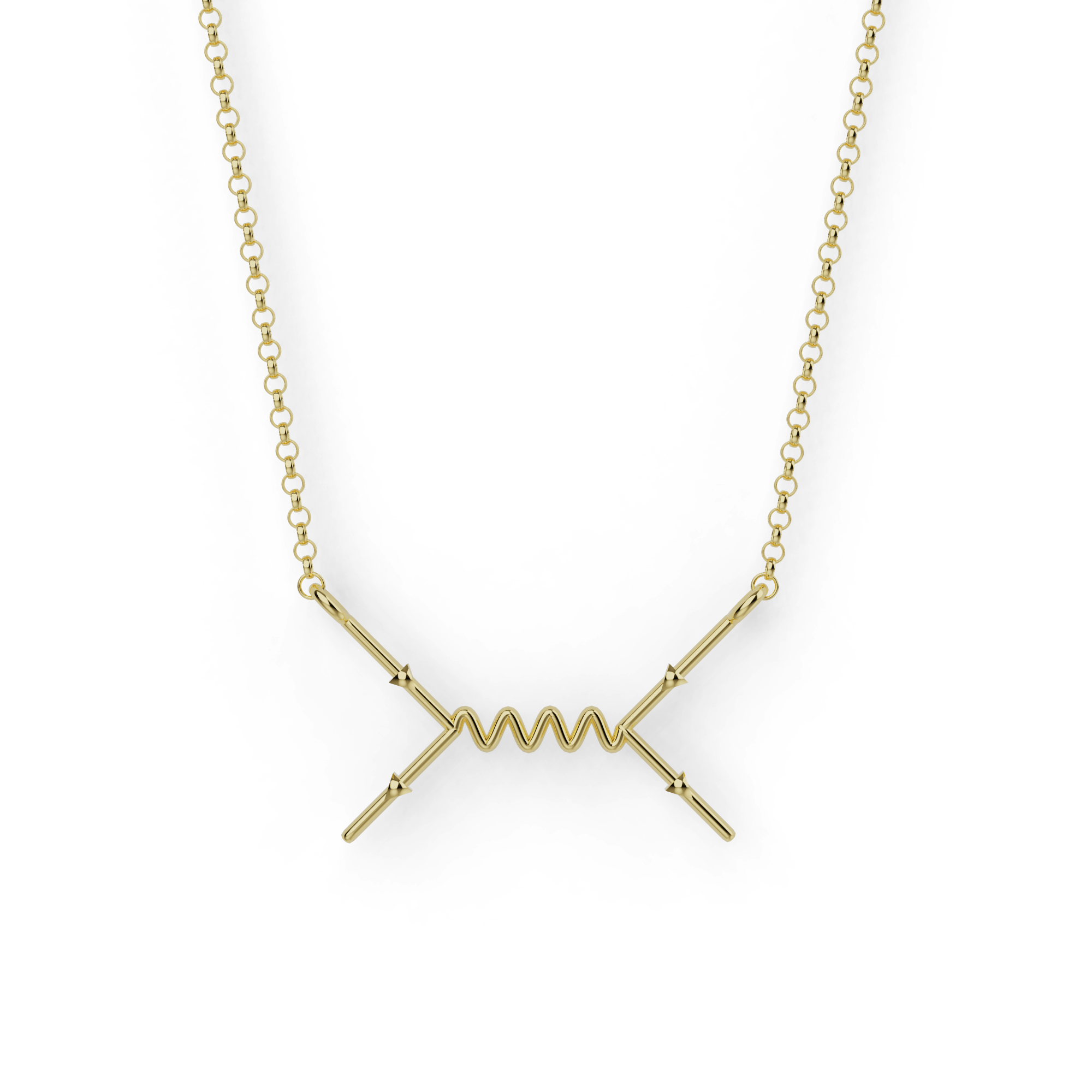 Close-up of the gold vermeil Feynman Scattering Necklace, inspired by subatomic particle diagrams, showcasing its unique design. Close-up of the gold vermeil Feynman Scattering Necklace, inspired by subatomic particle diagrams, showcasing its unique design.