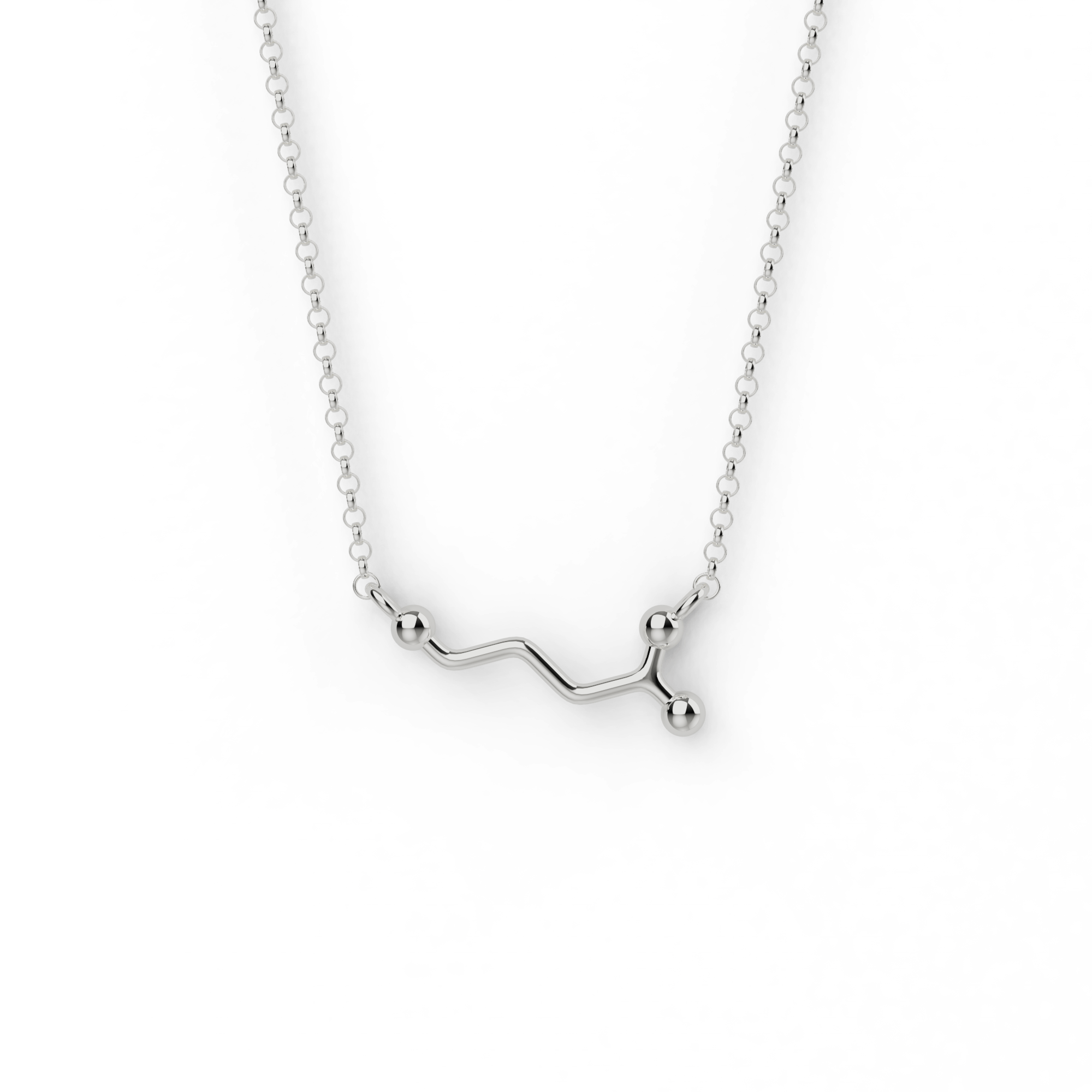 Close-up of the GABA necklace – a sleek silver molecular pendant inspired by the GABA neurotransmitter, perfect for science lovers and neuroscience enthusiasts. Close-up of the GABA necklace – a sleek silver molecular pendant inspired by the GABA neurotransmitter, perfect for science lovers and neuroscience enthusiasts.
