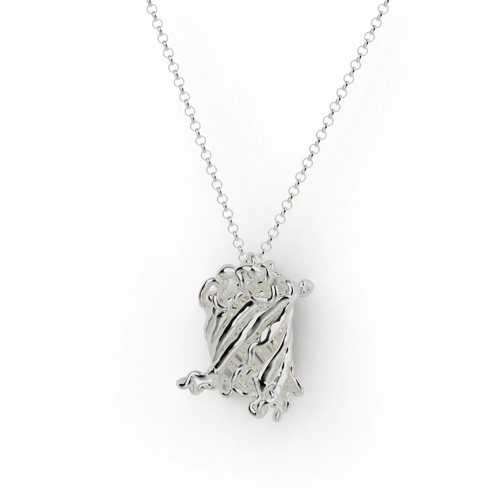 Close-up of the GFP necklace in silver, inspired by Green Fluorescent Protein, perfect for science lovers. Close-up of the GFP necklace in silver, inspired by Green Fluorescent Protein, perfect for science lovers.