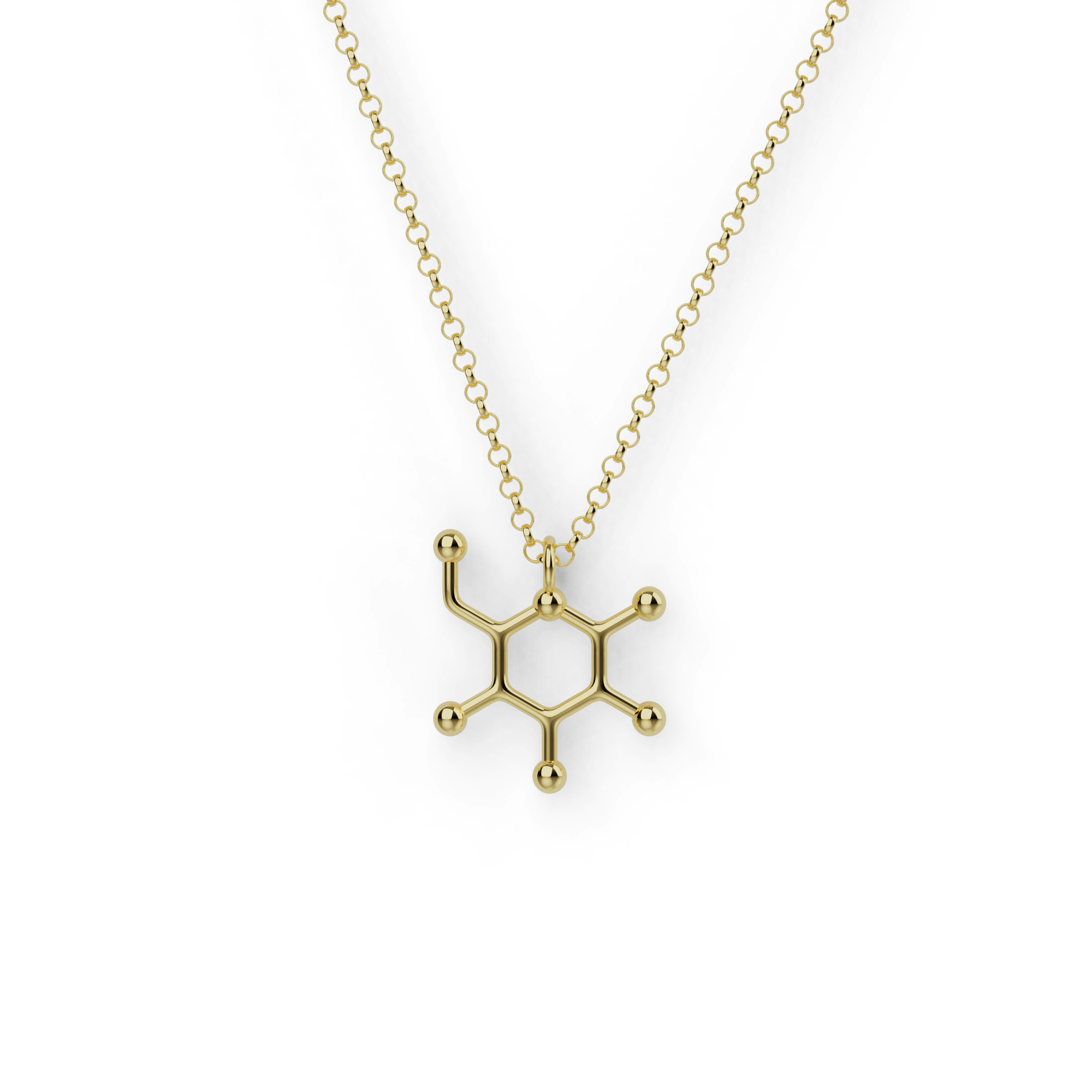 A luxurious glucose molecule necklace in gold vermeil, scientifically inspired and perfect for science enthusiasts. A luxurious glucose molecule necklace in gold vermeil, scientifically inspired and perfect for science enthusiasts.