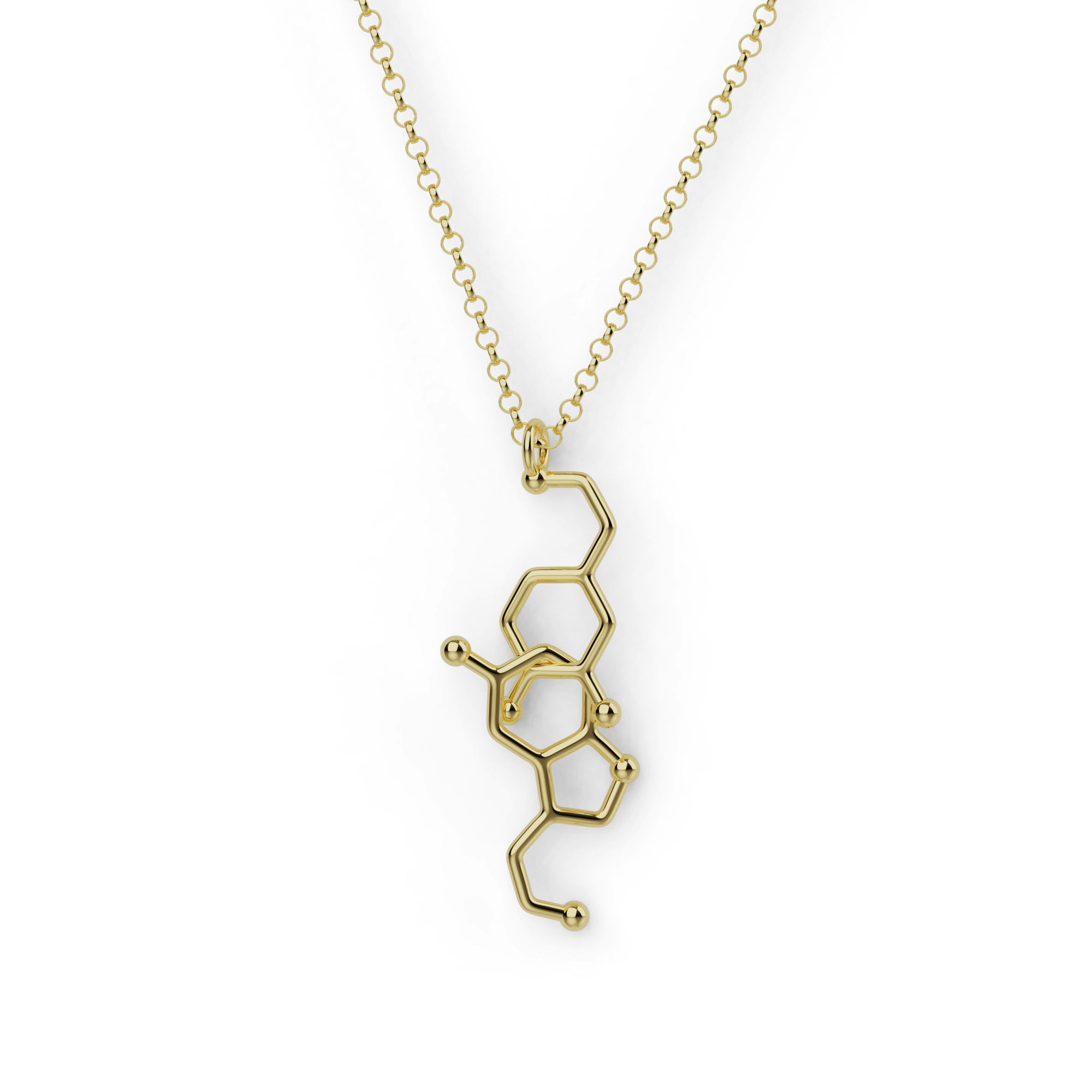 Dopamine and Serotonin Necklace in gold vermeil, showcasing intertwined neurotransmitter molecules representing happiness and love. Dopamine and Serotonin Necklace in gold vermeil, showcasing intertwined neurotransmitter molecules representing happiness and love.
