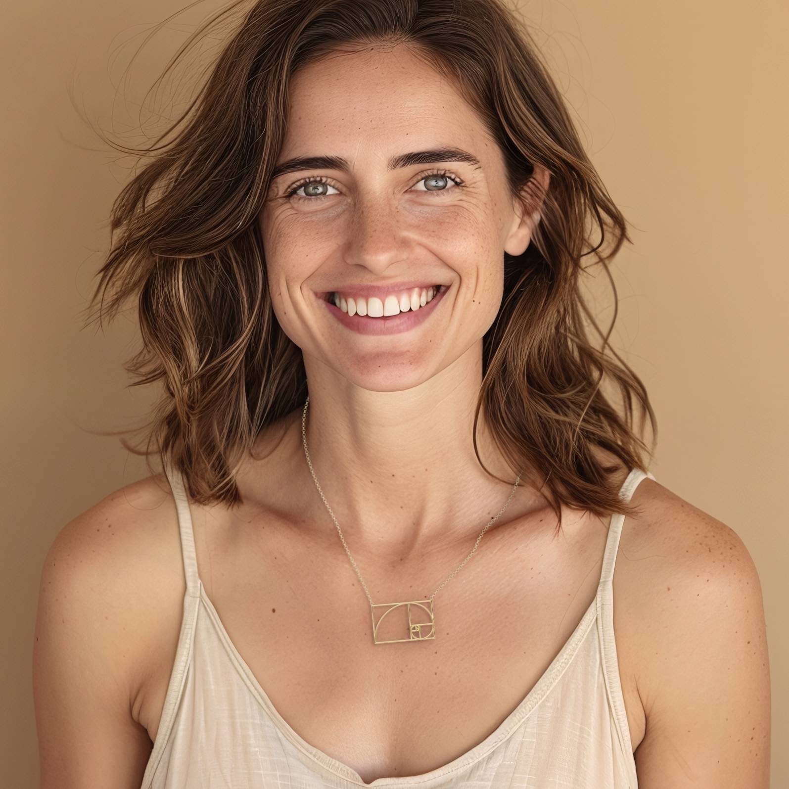 Woman wearing the Golden Ratio Necklace, showcasing the elegance of gold vermeil and the allure of mathematical design in everyday fashion. Woman wearing the Golden Ratio Necklace, showcasing the elegance of gold vermeil and the allure of mathematical design in everyday fashion.