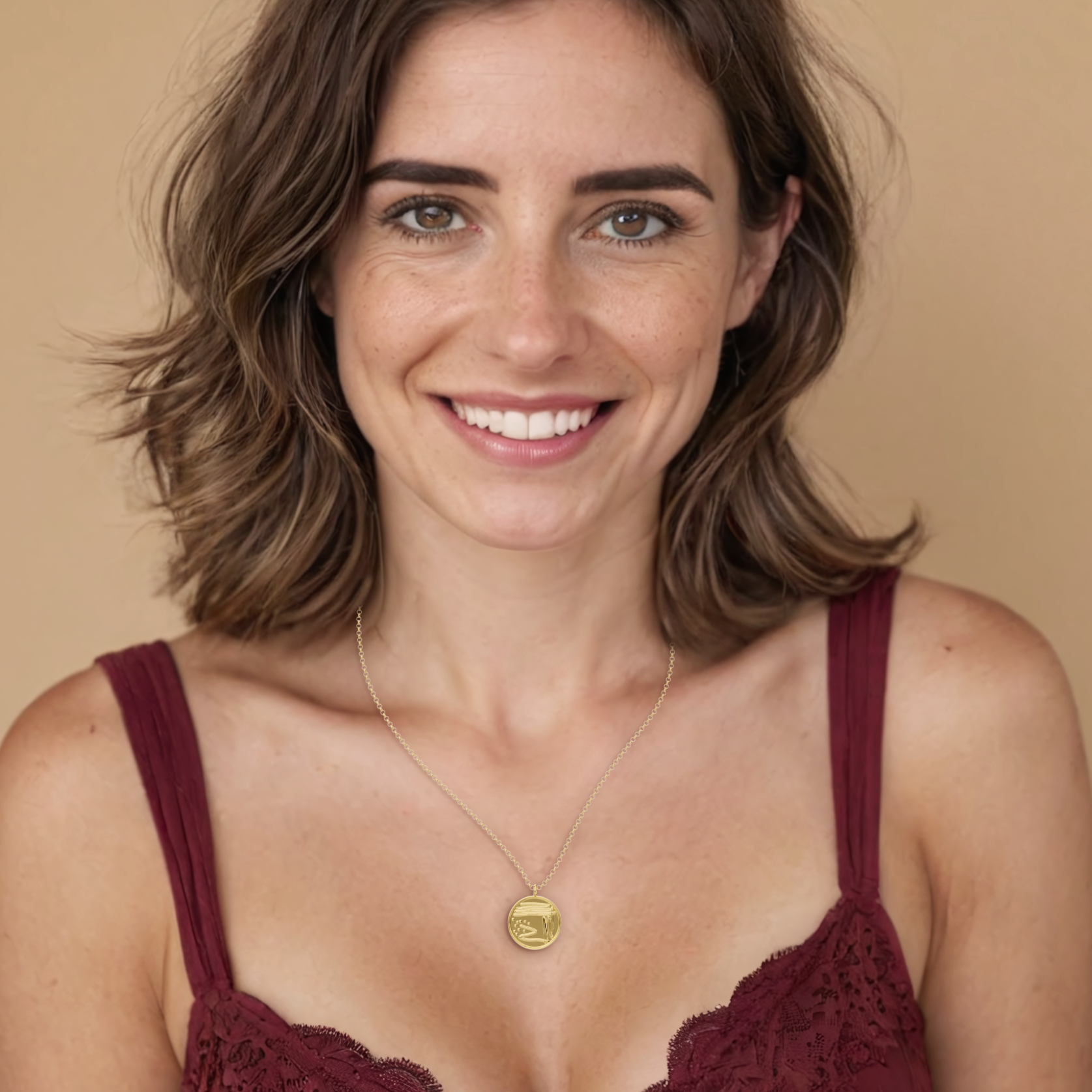 Close-up of a gold Petri dish necklace on model, perfect for microbiologists and science enthusiasts. Close-up of a gold Petri dish necklace on model, perfect for microbiologists and science enthusiasts.