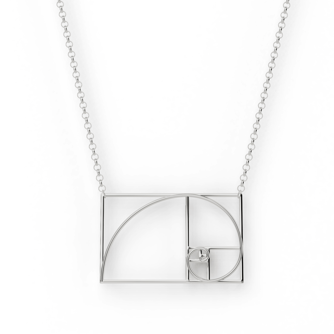 Golden Ratio Necklace in silver featuring the divine proportion 1.618, perfect for science and math lovers. Golden Ratio Necklace in silver featuring the divine proportion 1.618, perfect for science and math lovers.