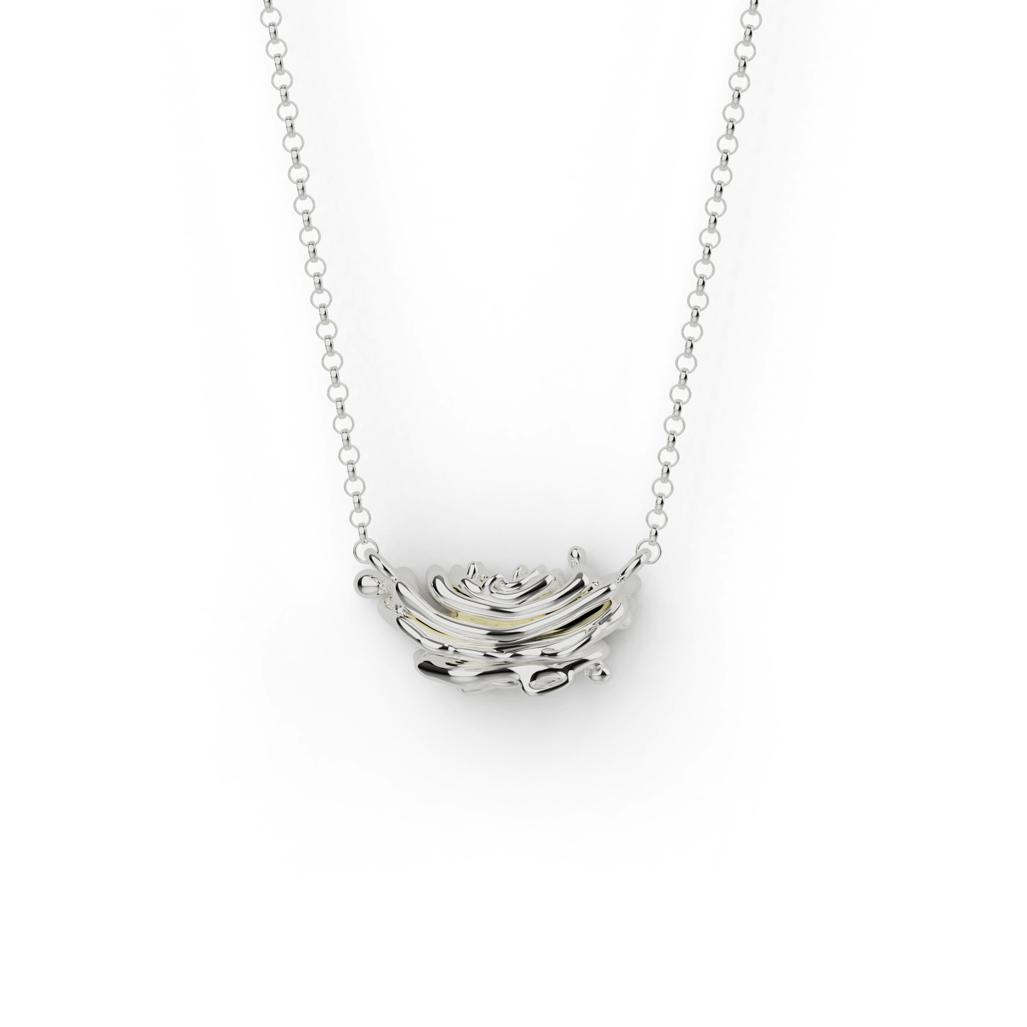 Close-up view of the Golgi necklace in sterling silver, showcasing its intricate, science-inspired molecular design. Close-up view of the Golgi necklace in sterling silver, showcasing its intricate, science-inspired molecular design.