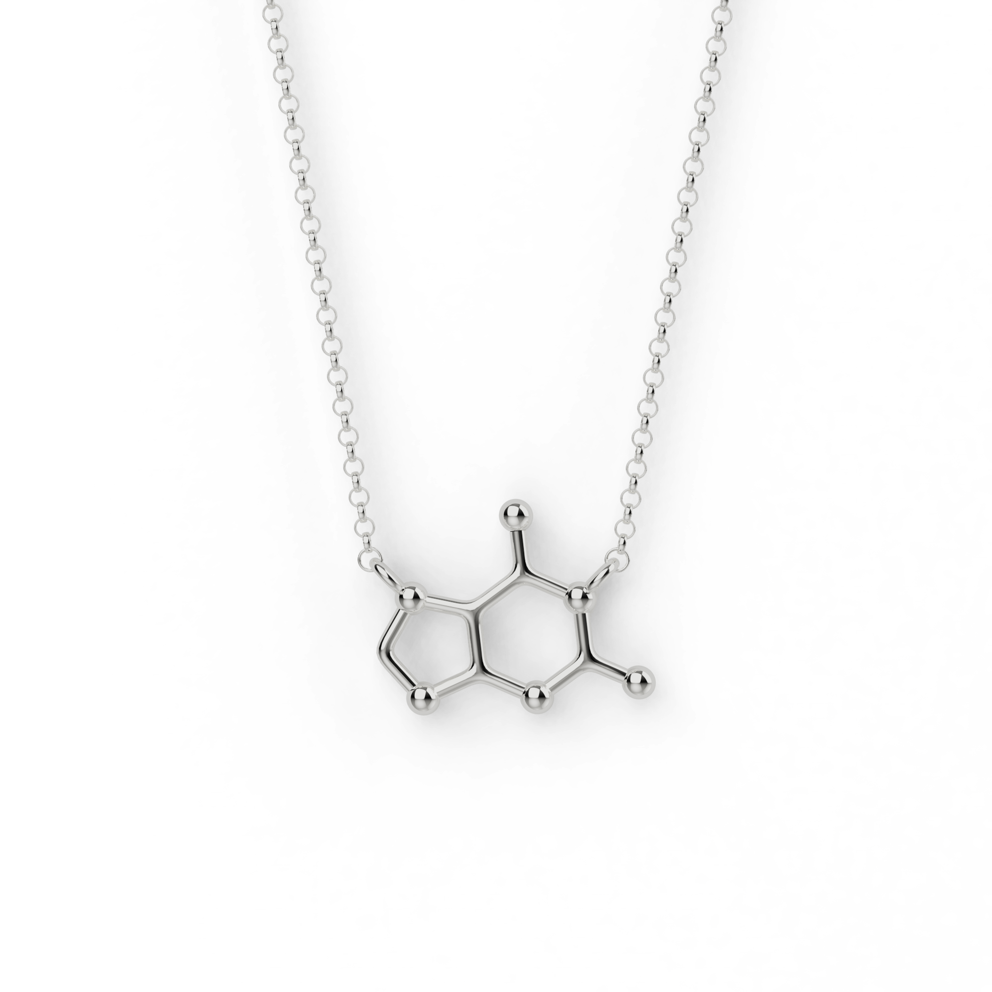 Sterling silver guanine necklace featuring a DNA-inspired molecular structure, suspended on a delicate chain. Sterling silver guanine necklace featuring a DNA-inspired molecular structure, suspended on a delicate chain.