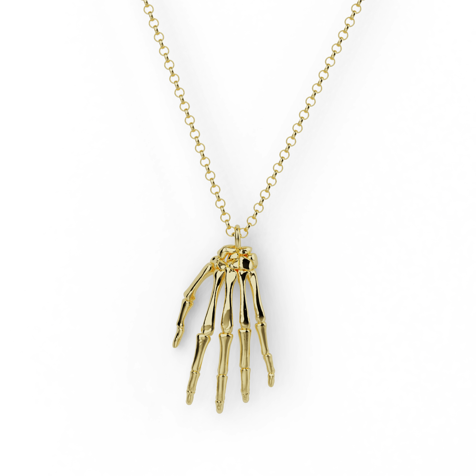 Close-up of a gold vermeil hand anatomy necklace showcasing intricate skeletal details. Close-up of a gold vermeil hand anatomy necklace showcasing intricate skeletal details.