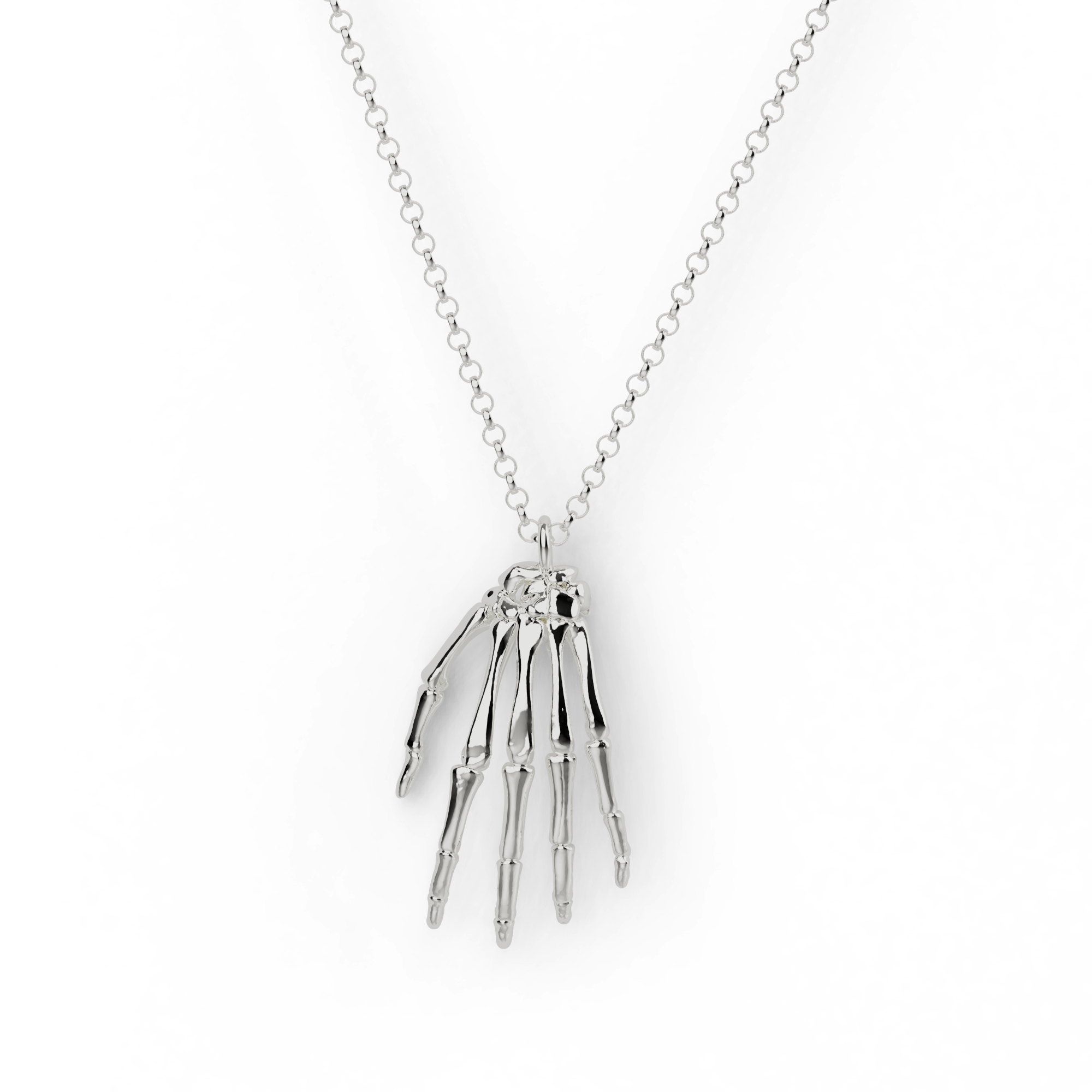 Close-up of a silver hand anatomy necklace, intricately designed with scientific accuracy. Close-up of a silver hand anatomy necklace, intricately designed with scientific accuracy.