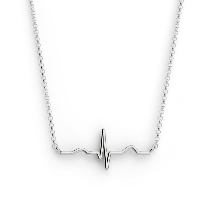 Sterling silver heartbeat necklace featuring a delicate chain and a heartbeat line pendant. The design captures the iconic rhythm of a heartbeat, elegantly crafted in a sleek and minimalist style, perfect for adding a touch of science-inspired elegance to any outfit. Sterling silver heartbeat necklace featuring a delicate chain and a heartbeat line pendant. The design captures the iconic rhythm of a heartbeat, elegantly crafted in a sleek and minimalist style, perfect for adding a touch of science-inspired elegance to any outfit.