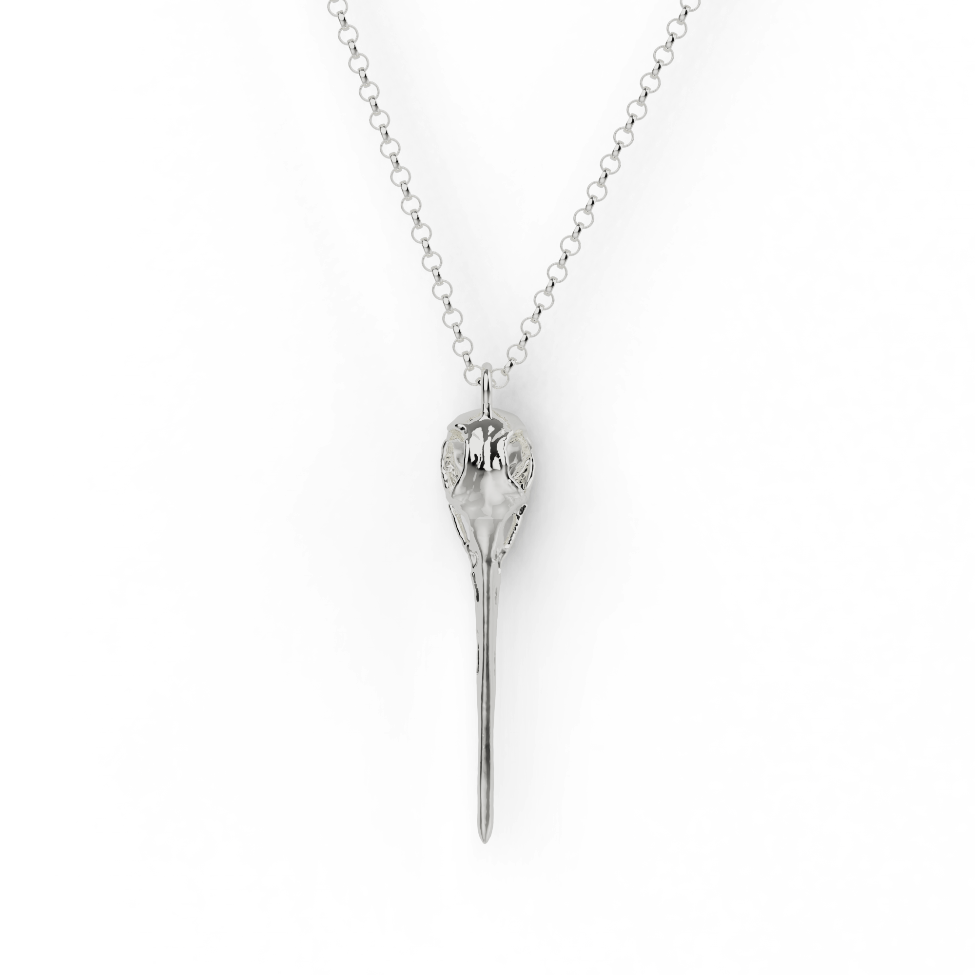 Close-up of a silver hummingbird skull necklace on a white background, showcasing intricate details. Close-up of a silver hummingbird skull necklace on a white background, showcasing intricate details.